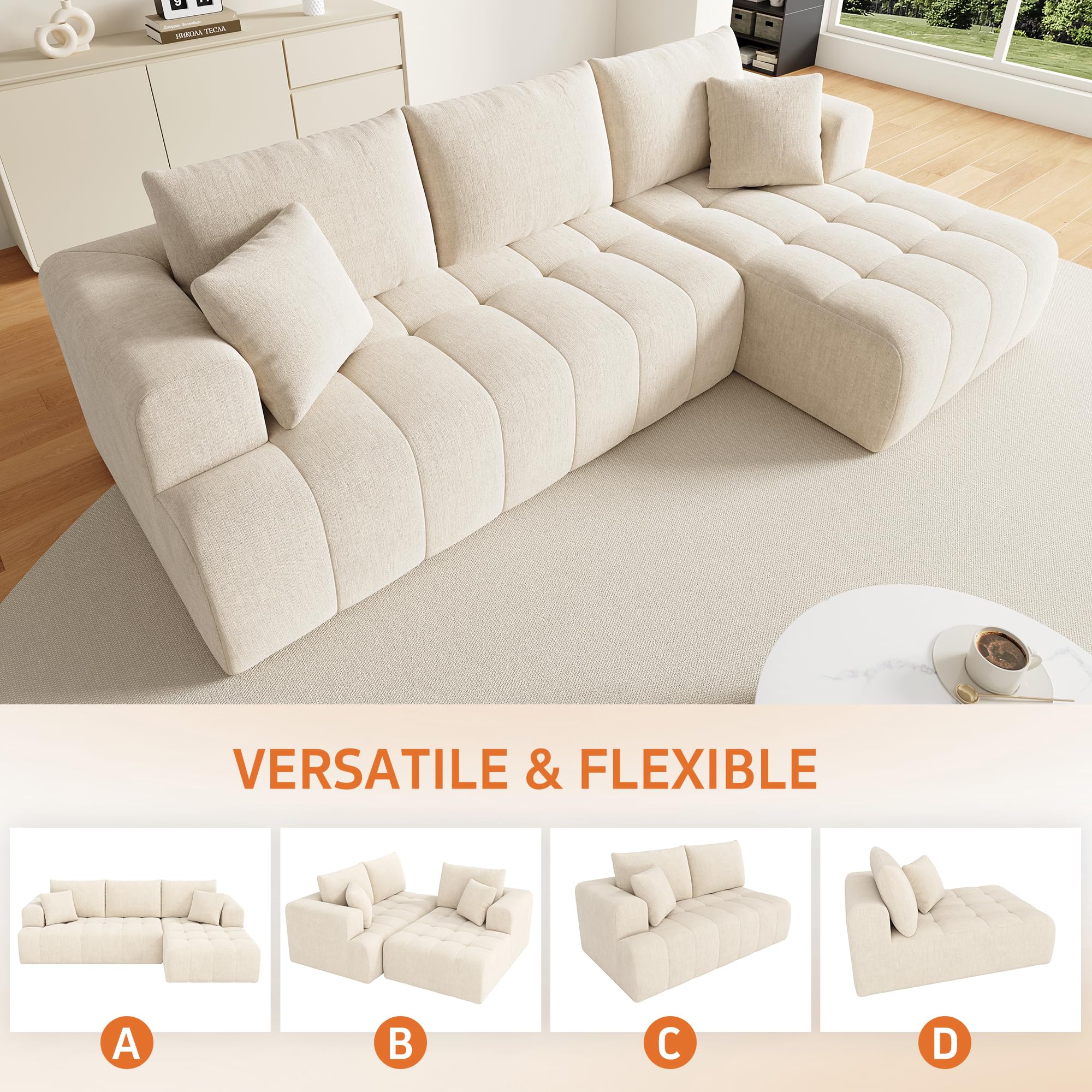 Sapgaks Canapé d'angle Convertible,canapé Convertible 3 Places,canapé 3 Places,modulaire en Forme de L sans Cadre,canapé Nuage Chenille, Librement combinable,Aucun Assemblage requis (Beige-G)