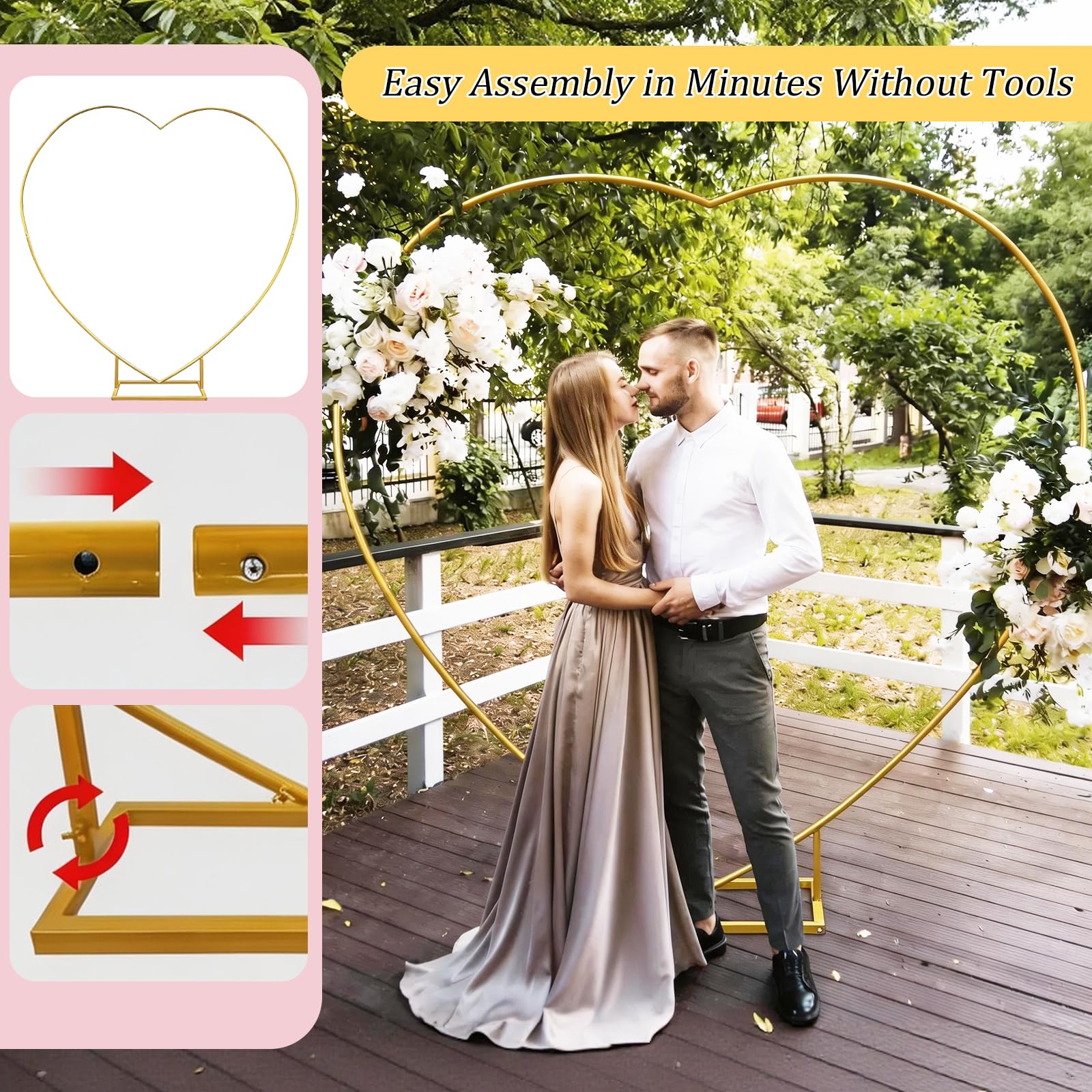 BRGD Arco a Forma di Cuore di Oro, 2x2m Set Arco Staccabile di Palloncini in Metallo per Matrimonio, Baby Shower, Festa di Compleanno, Anniversario