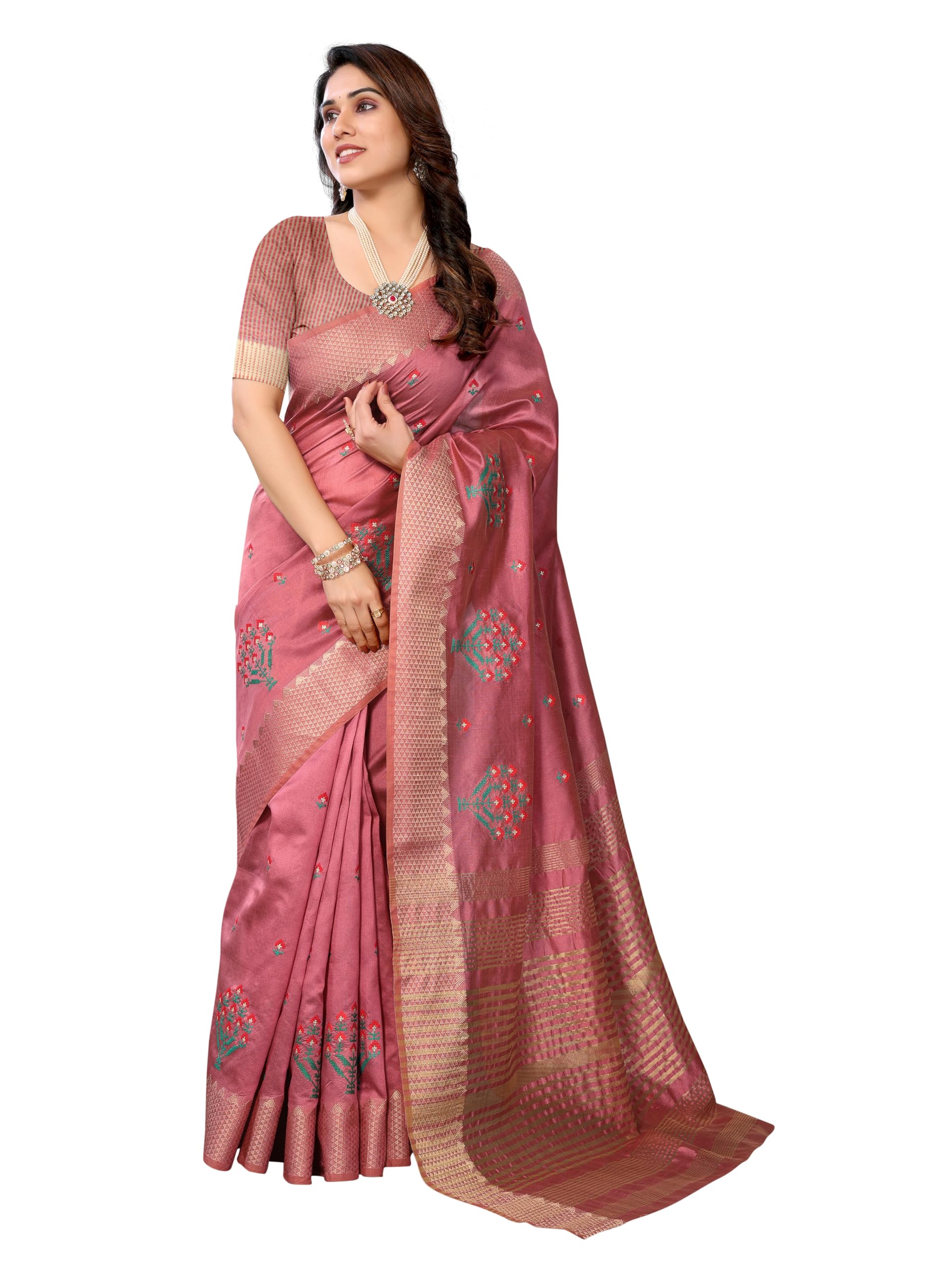 stylescope Women's Assam Cotton Silk Golden Boarder Thread Embroidered Saree With Unstitched Blouse Piece (Ulajh)-picture-36