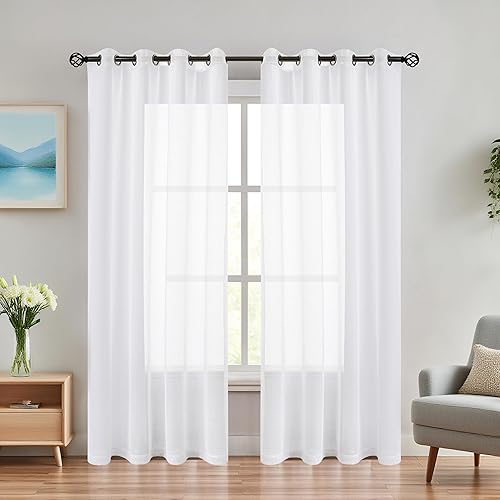 Miniatura 10 de Panel de cortina transparente beige de 95 pulgadas de largo, de lino sintético, cortina para ventana de sala de estar bohemia con 8 ojales de metal,