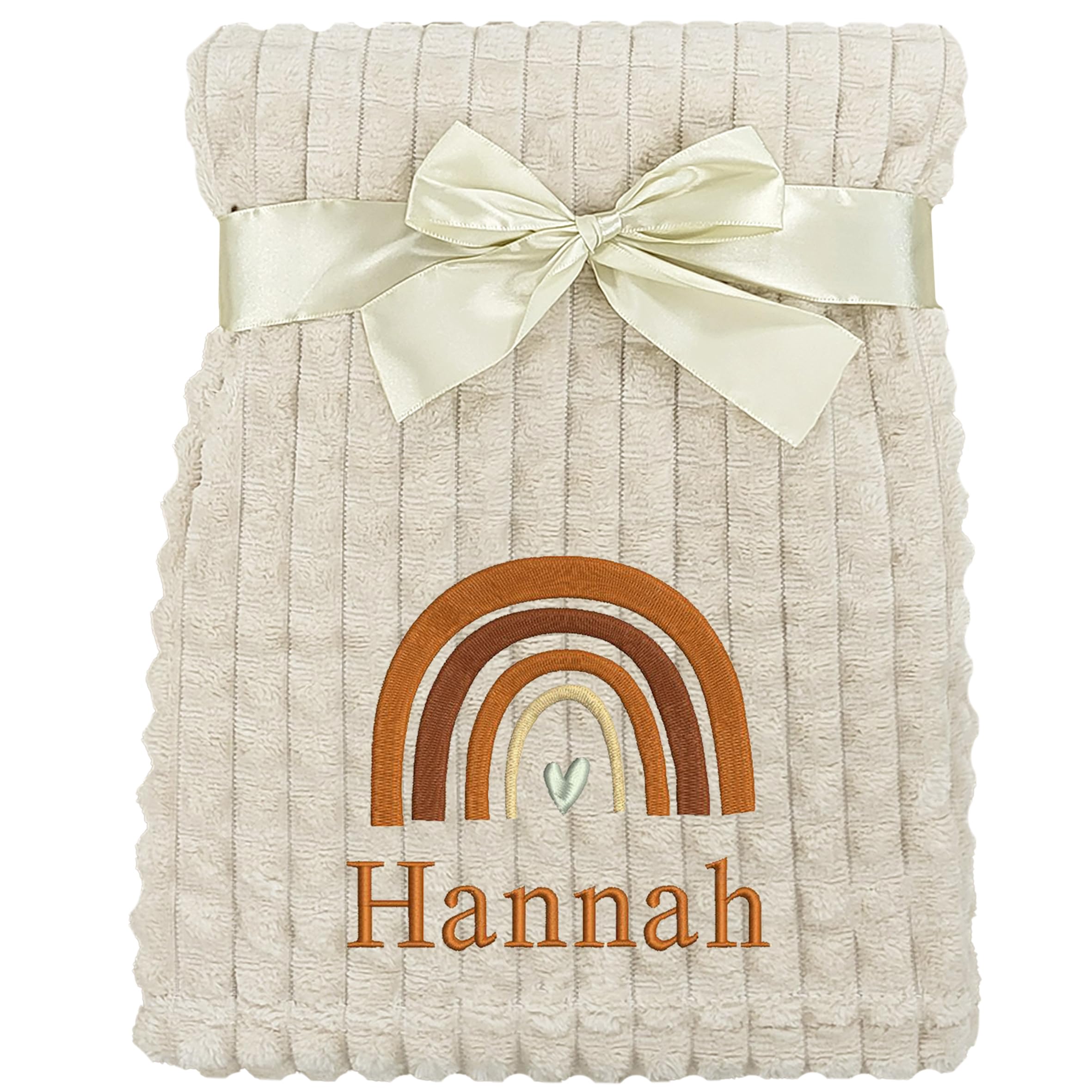 Personalised Baby Blanket Embroidered Rainbow & Name Soft Fleece Wrap (Brown Rainbow Beige Squares)