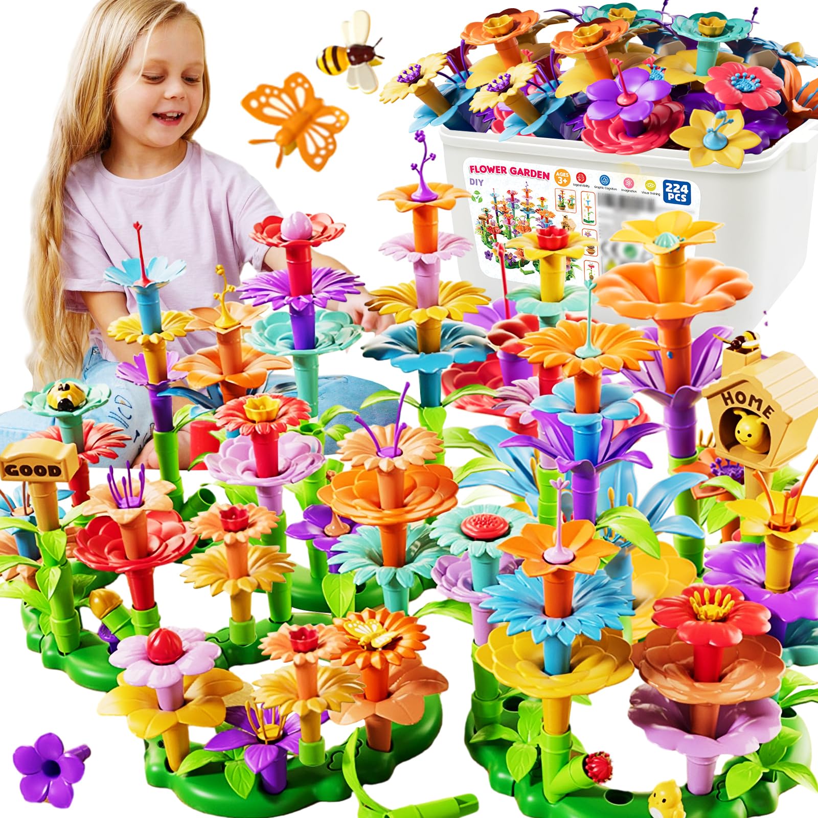 FUNZBO Flower Building Toys - Stacking Garden Toy with Storage Box, Toddler Toys, Toys for Grils 3, 4, 5, 6, 7 Years Old, Birthday Gifts for Kids (224 pcs)