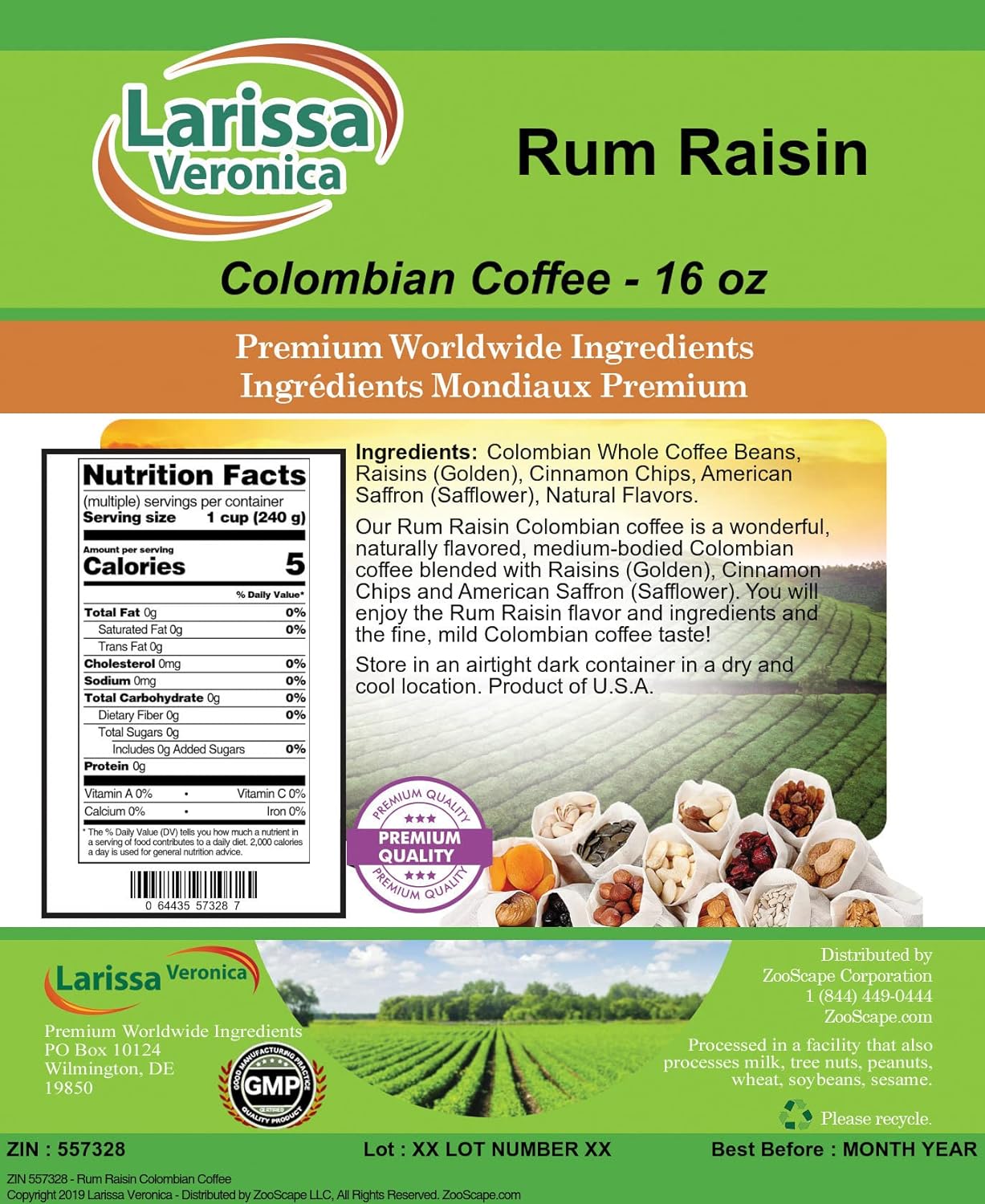 Rum Raisin Colombian Coffee (Gourmet, Naturally Flavored, Whole Coffee Beans) (16 oz, ZIN: 557328)