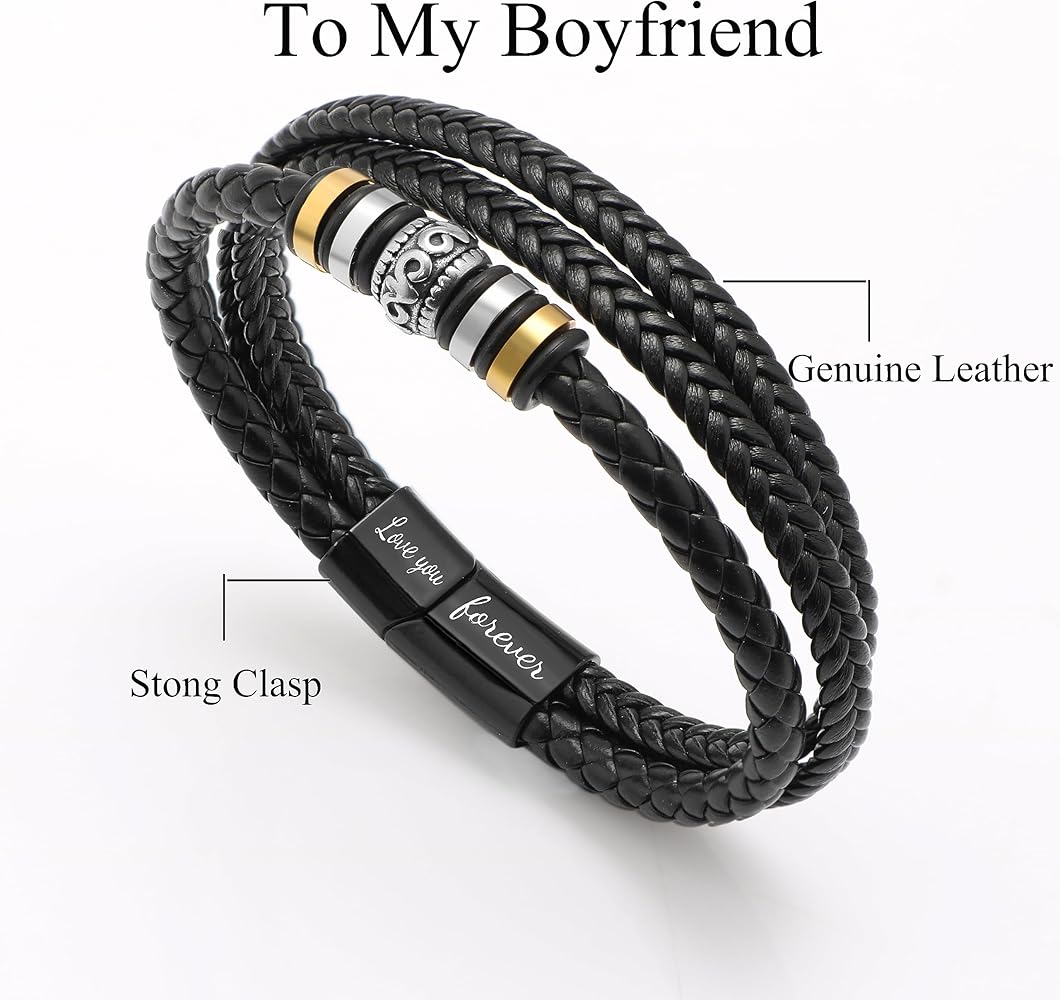 thumbnail interactive-video image 1 of Jewbelet Mens Leather Bracelet With Clasp Cowhide Multi-Layer Braided Leather Mens Bracelet (Black 1 of 9