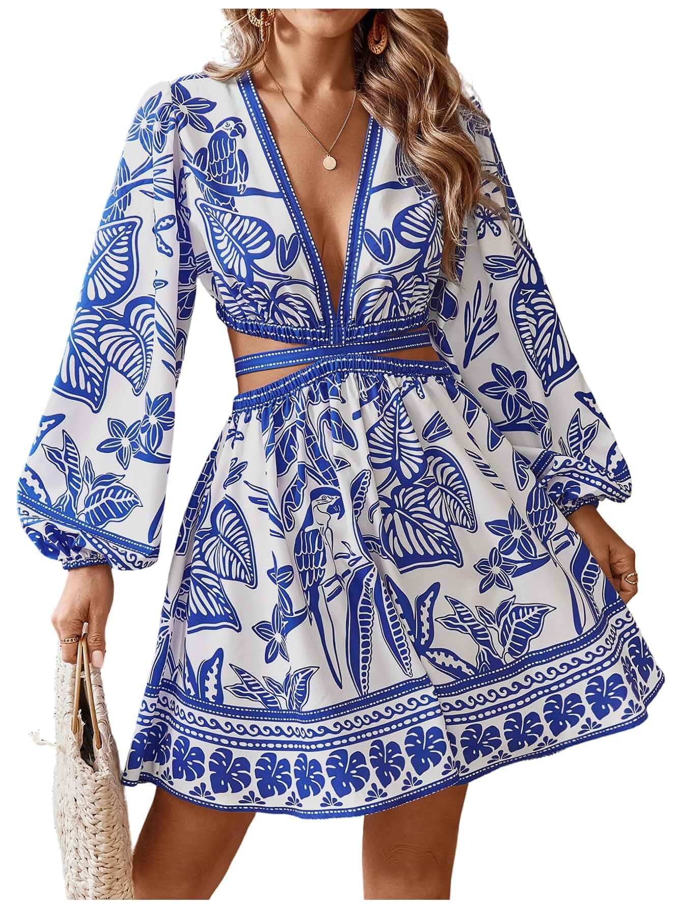 Floerns Women's Tropical Floral Long Sleeve Mini Dress Cut Out, Bishop Sleeve, V Neck, A Line, Hawaiian Beach Vacation, Summer, Fall Outfits, Resort Wear