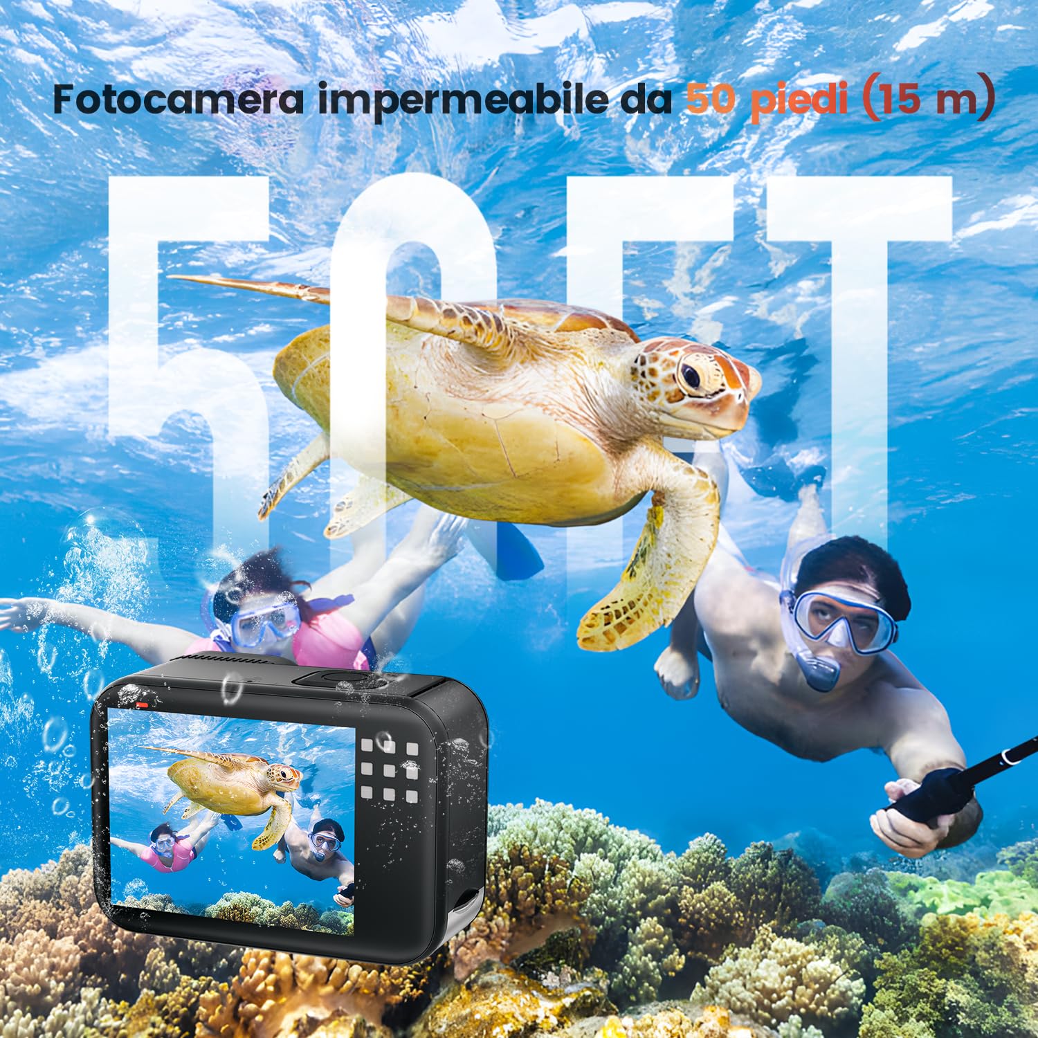 4K 60FPS 48MP Action Cam, 50ft Fotocamera Subacquea Con 64GB Scheda, WIFI Grandangolo 170° Fotocamera per Casco, Telecomando, 2 X 1350 mAh, Accesorios Multiples per Bicicletta Casco Sci Surf
