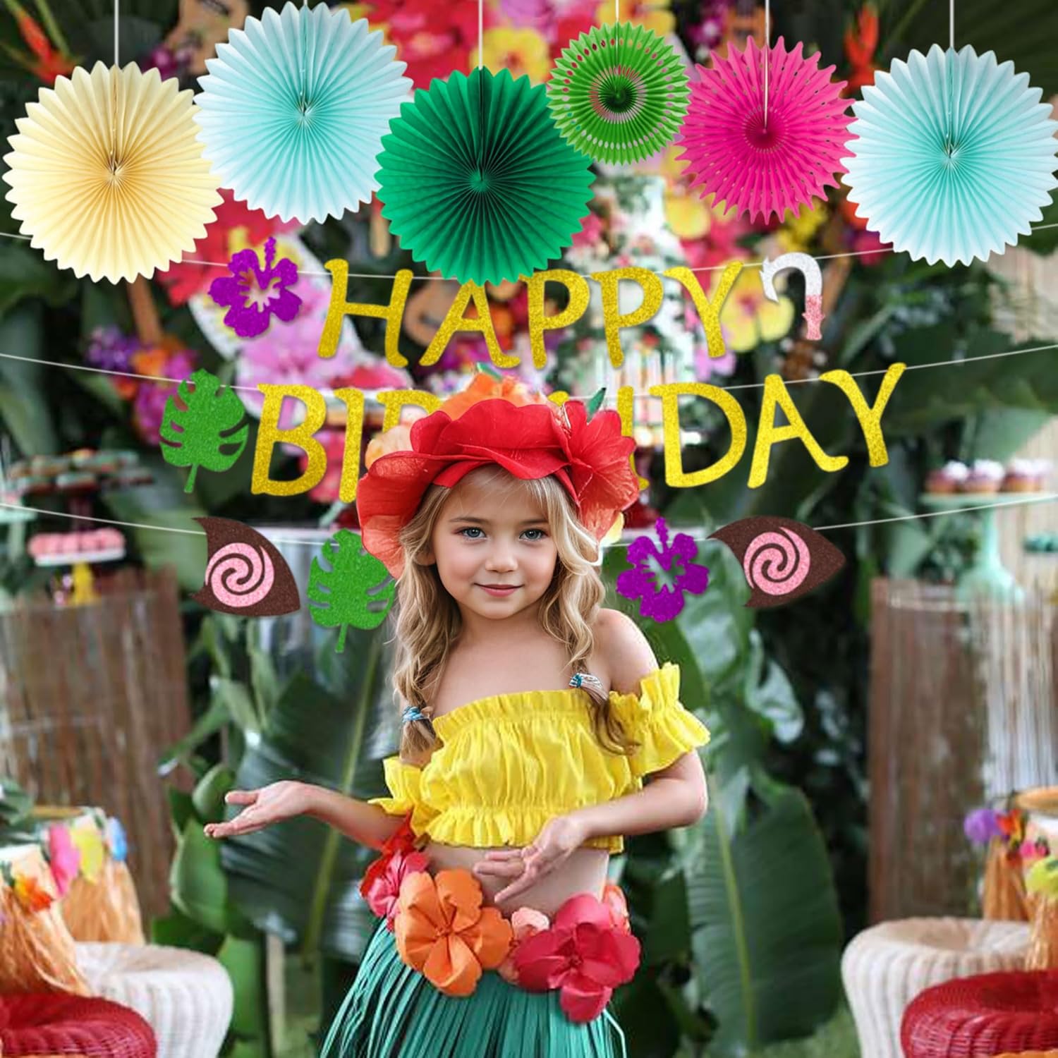 JeVenis Glittery Moana Birthday Banner Moana Birthday Party Decoration for Tropical Luau Summer Party