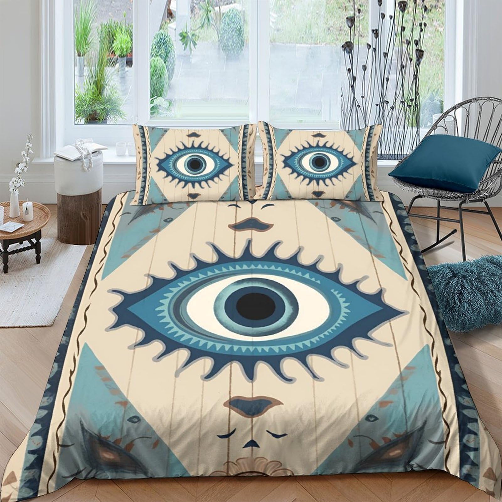 Ctjqhvkz Style-8 3D Printed Evil Eye Fitted Sheet Microfiber Soft Blue Beige Surreal Face Mattress Cover Bedroom Decor Single（135X200cm）