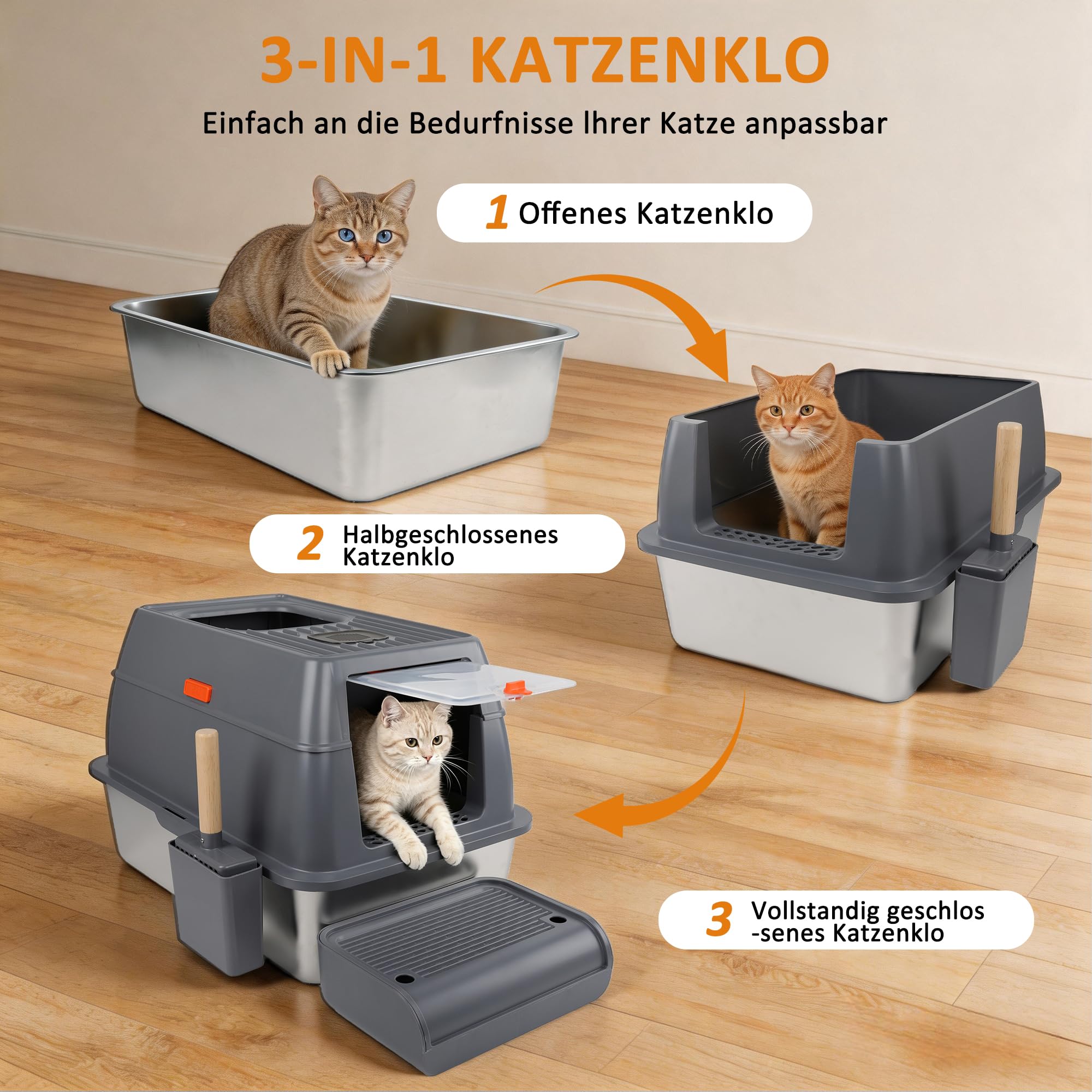 Edelstahl Katzenklo mit Deckel, Geschlossene Katzentoilette XXL