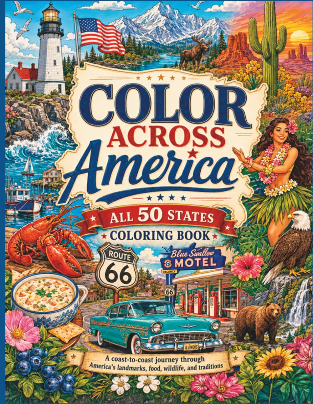 Color Across America: All 50 States Coloring Book for Adults and Teens: Landmark, Wildlife, Food, Nature, and Travel Inspired Pages