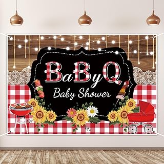 AOFOTO BBQ Baby Shower Backdrop Sunflowers Wood Plaid Baby Q Print Photography Background Barbecue Picnic Gender Reveal Newborn Baby Shower Birthday Party Banner Portrait Photo Studio Props 10x8ft