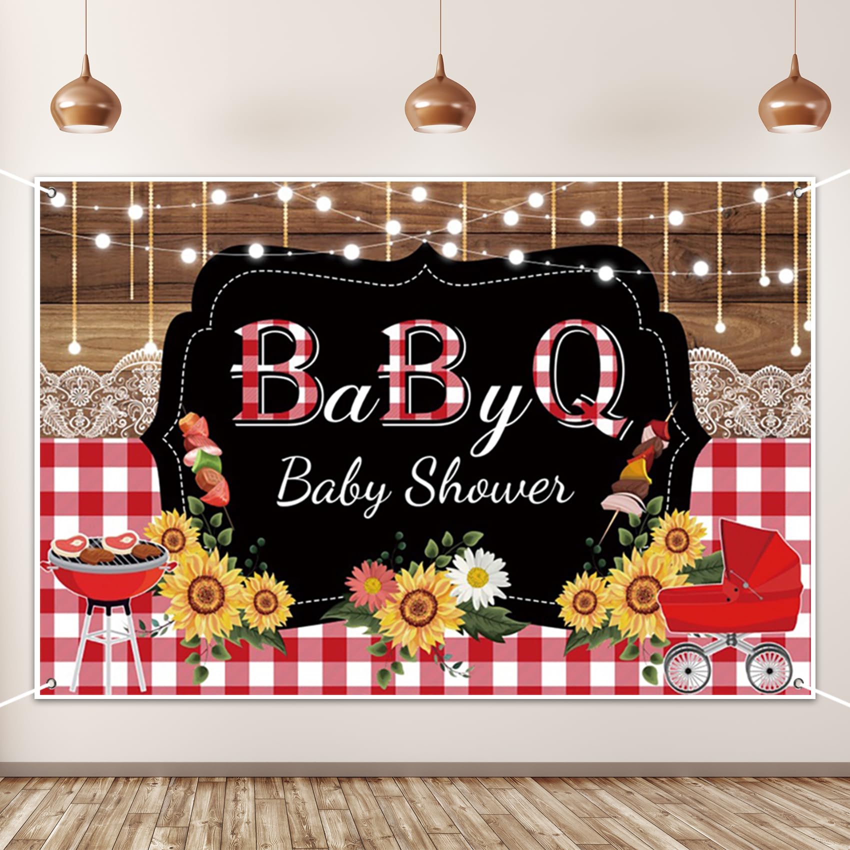 AOFOTO BBQ Baby Shower Backdrop Sunflowers Wood Plaid Baby Q Print Photography Background Barbecue Picnic Gender Reveal Newborn Baby Shower Birthday