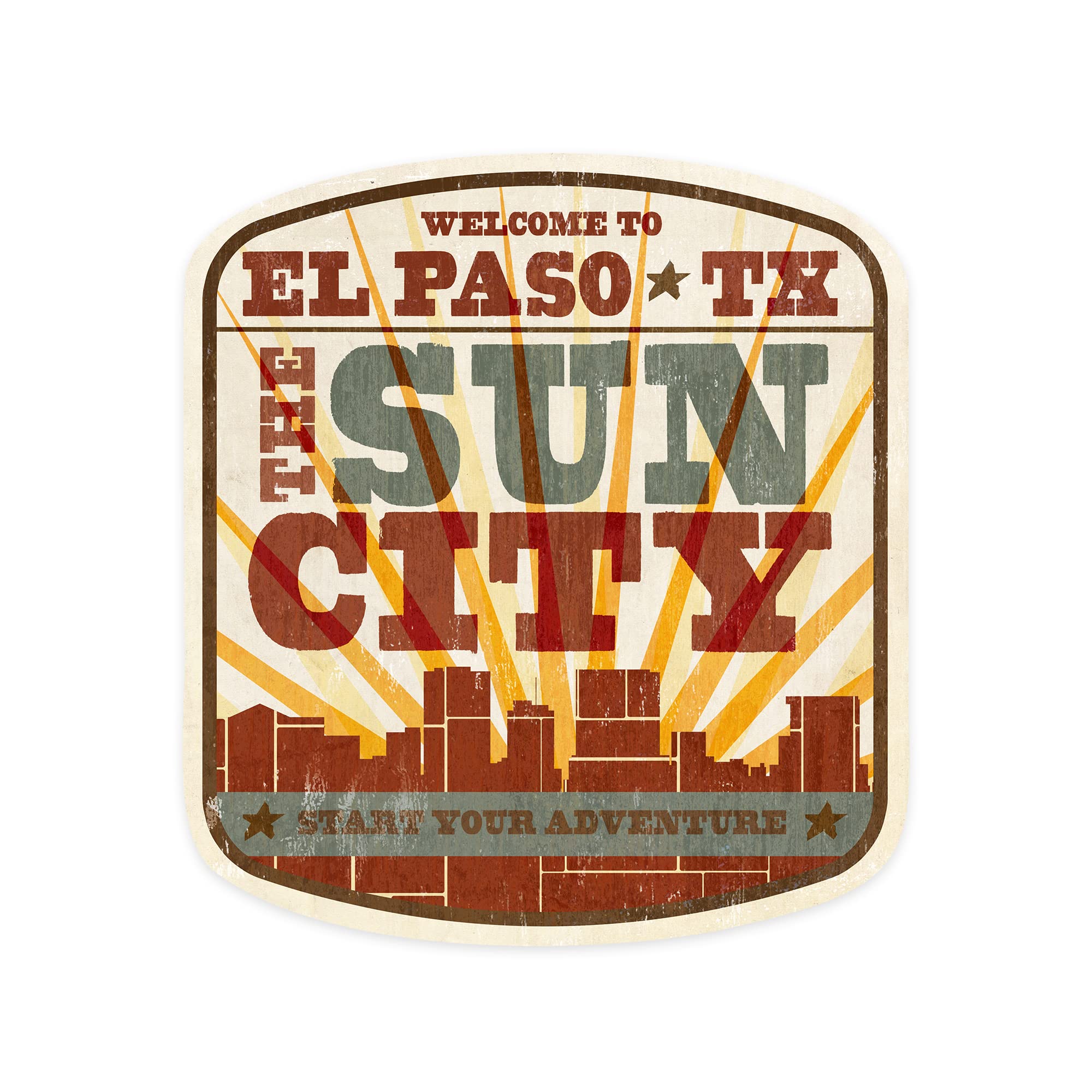 Die Cut Sticker El Paso, Texas, Skyline and Sunburst Screenprint Style, Contour Vinyl Sticker 1 to 3 inches (Waterproof Decal for Cars, Water Bottles, Laptops, Coolers), Small