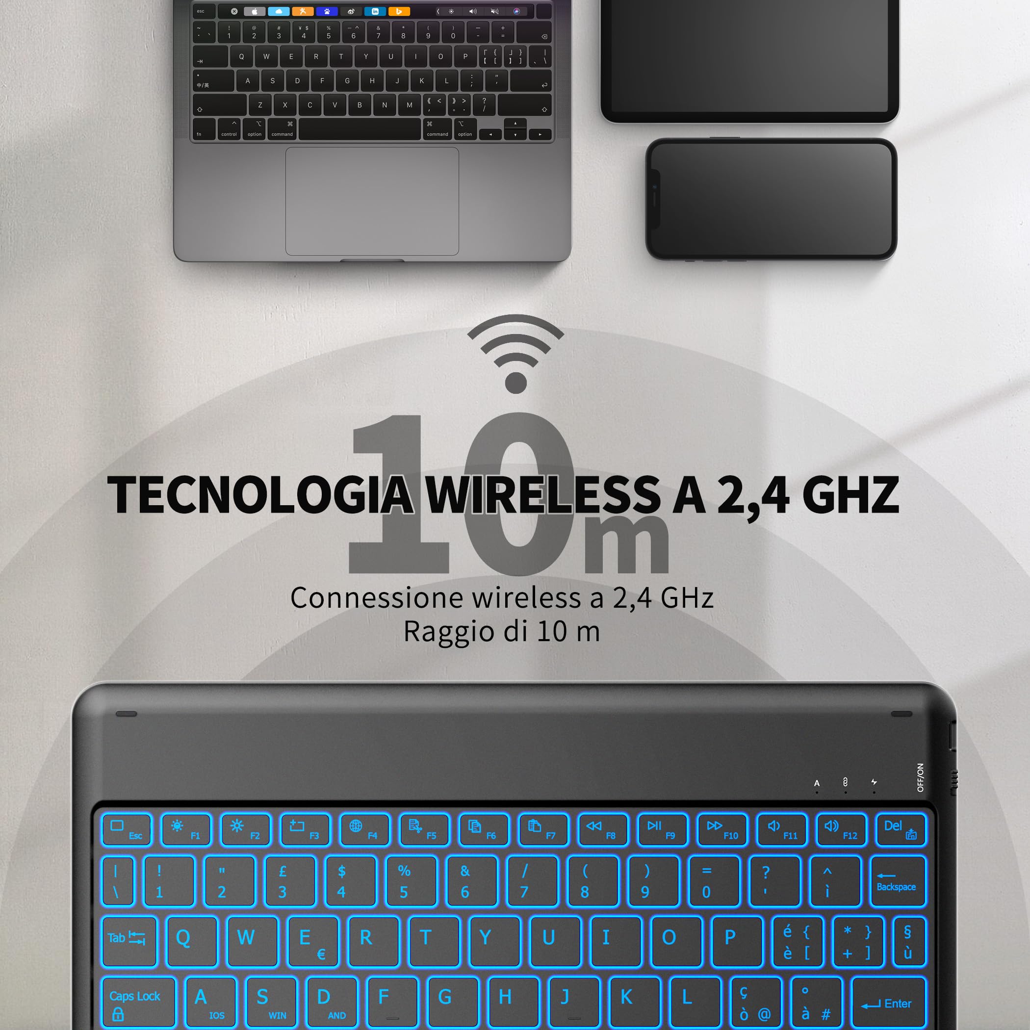 EasyAcc Tastiera Bluetooth Wireless con Windows/Android/iOS, Tastiera Portatile con Tablet Layout Italia, Tastiera Tablet, Retroilluminata