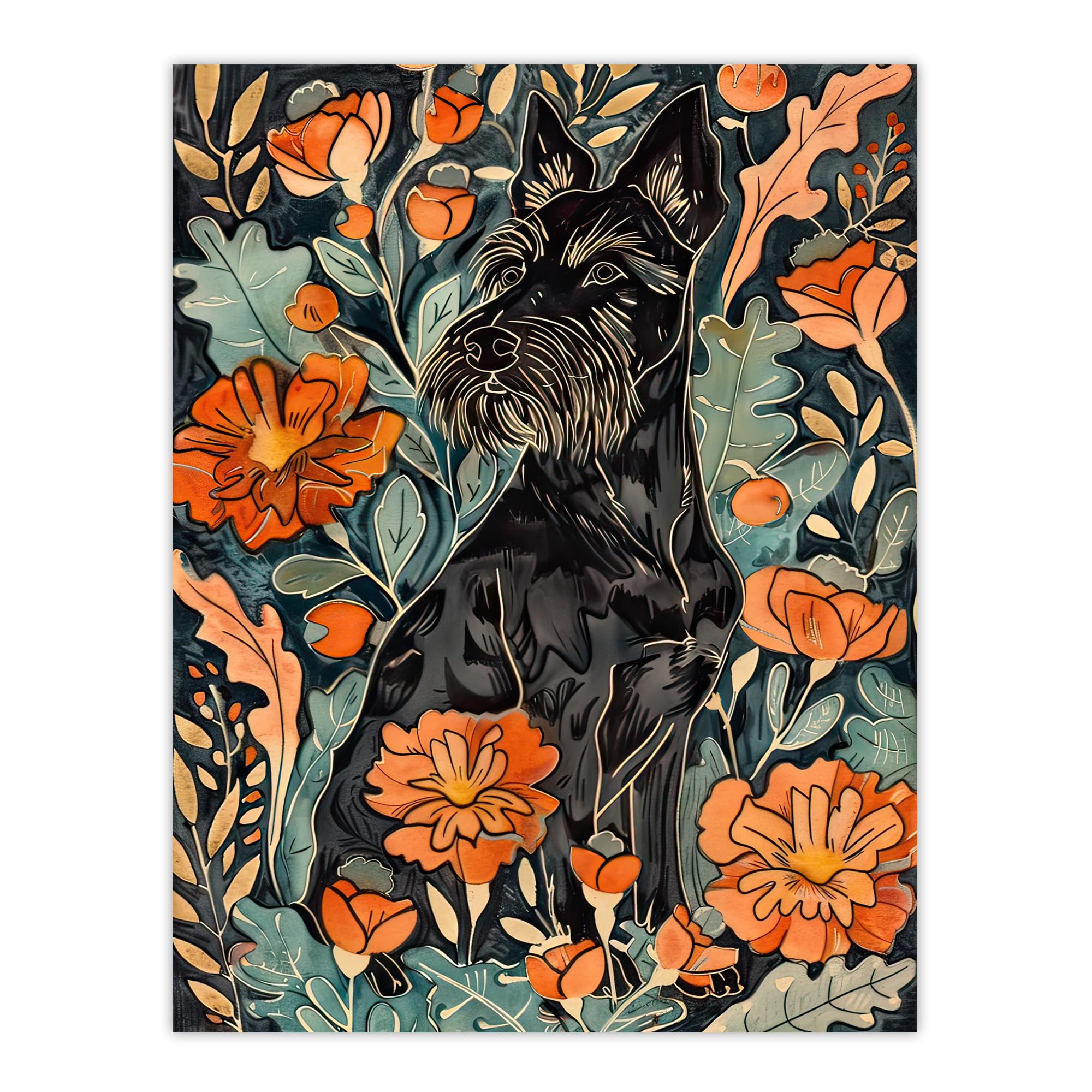 Artery8 Stylised Scottish Terrier Dog with Peony Flowers Living Room Extra Large XL Wall Art Poster Print