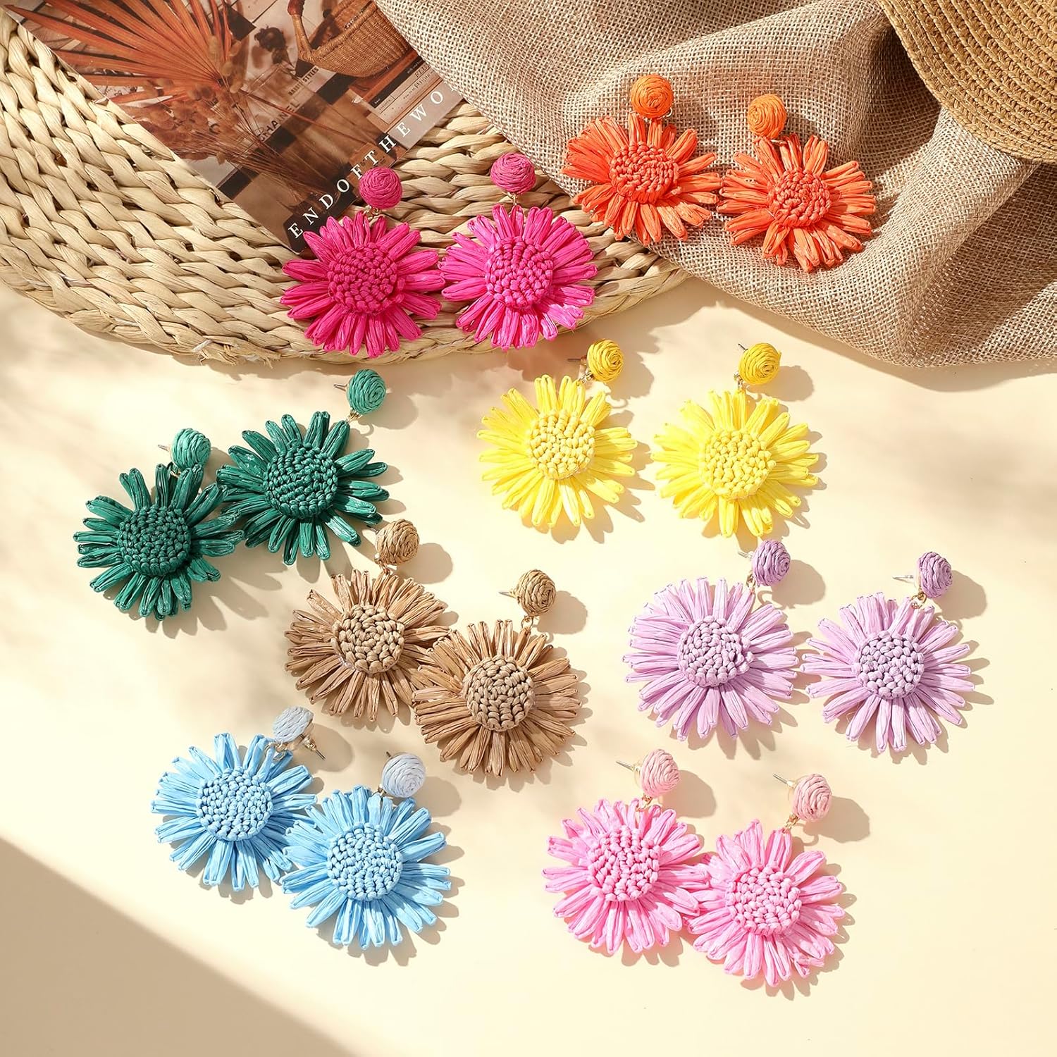 Raffia Earrings for Women Boho Beach Straw Rattan Summer Tropical Big Flower Earrings for Women Vacation - Image 5