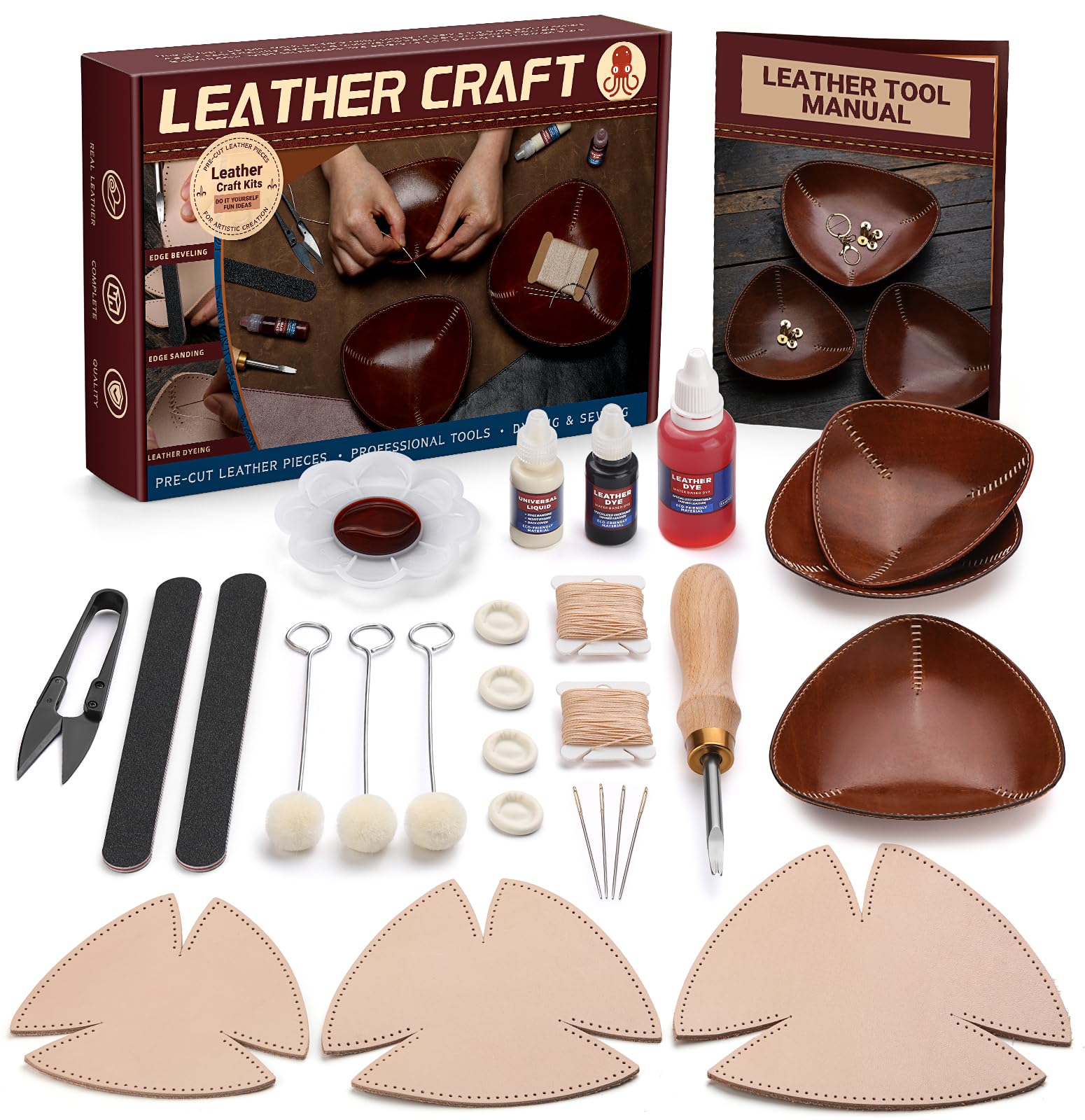 Leather Tool Kit, Leather Tray Set (S, M, L) with Vegetable Tanned Leather Edge, Bevel Wax Thread and Step by Step Video Tutorial for Crafts, Desk Storage, Leather Set for-image-39