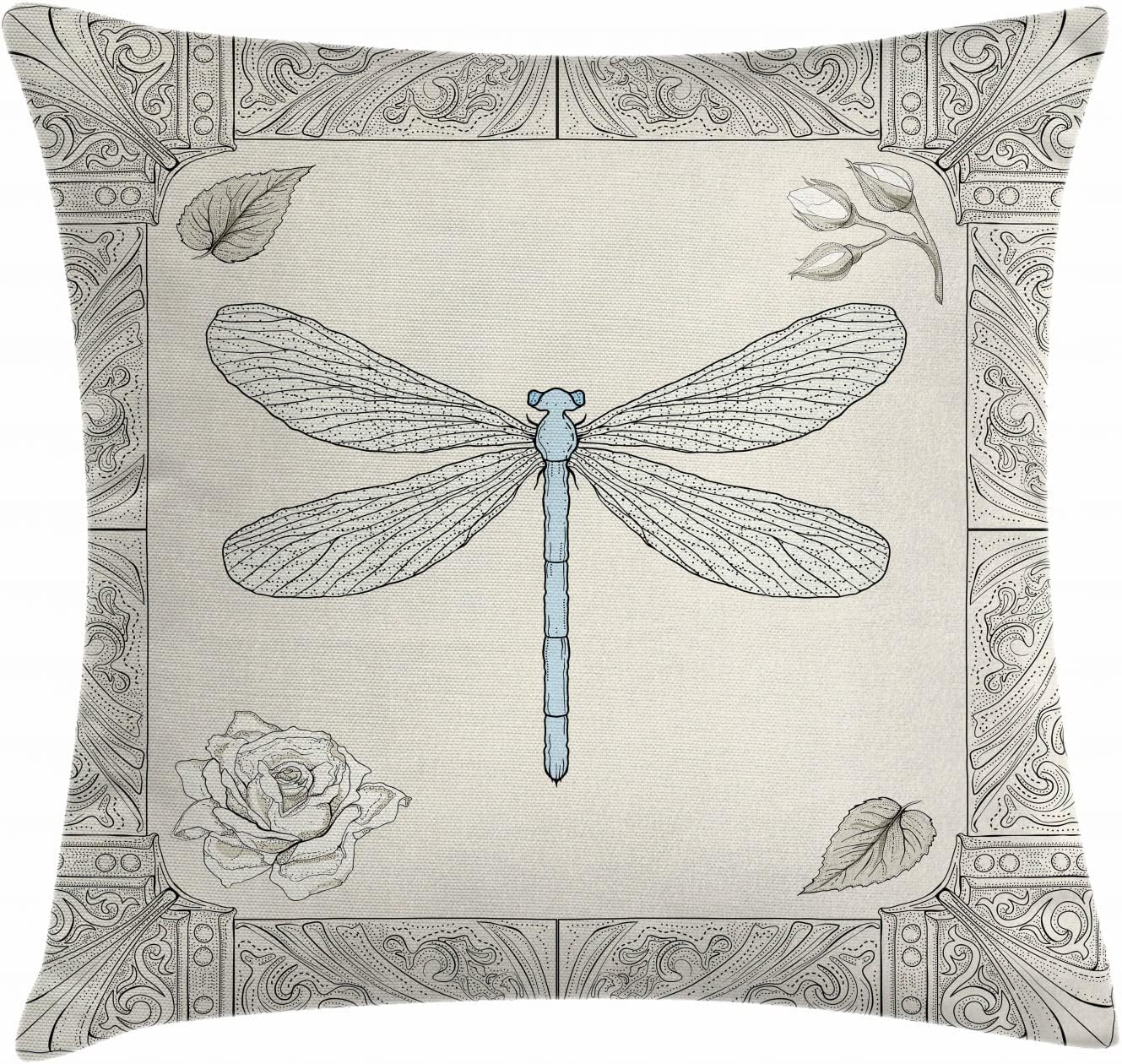 Ambesonne Dragonfly Throw Pillow Cushion Cover, Hand Drawn Royal Style Rose Petals Leaves and Ornate Design, Decorative Square Accent Pillow Case, 18" X 18", Black Light Blue 18" x 18" Black Light Blue
