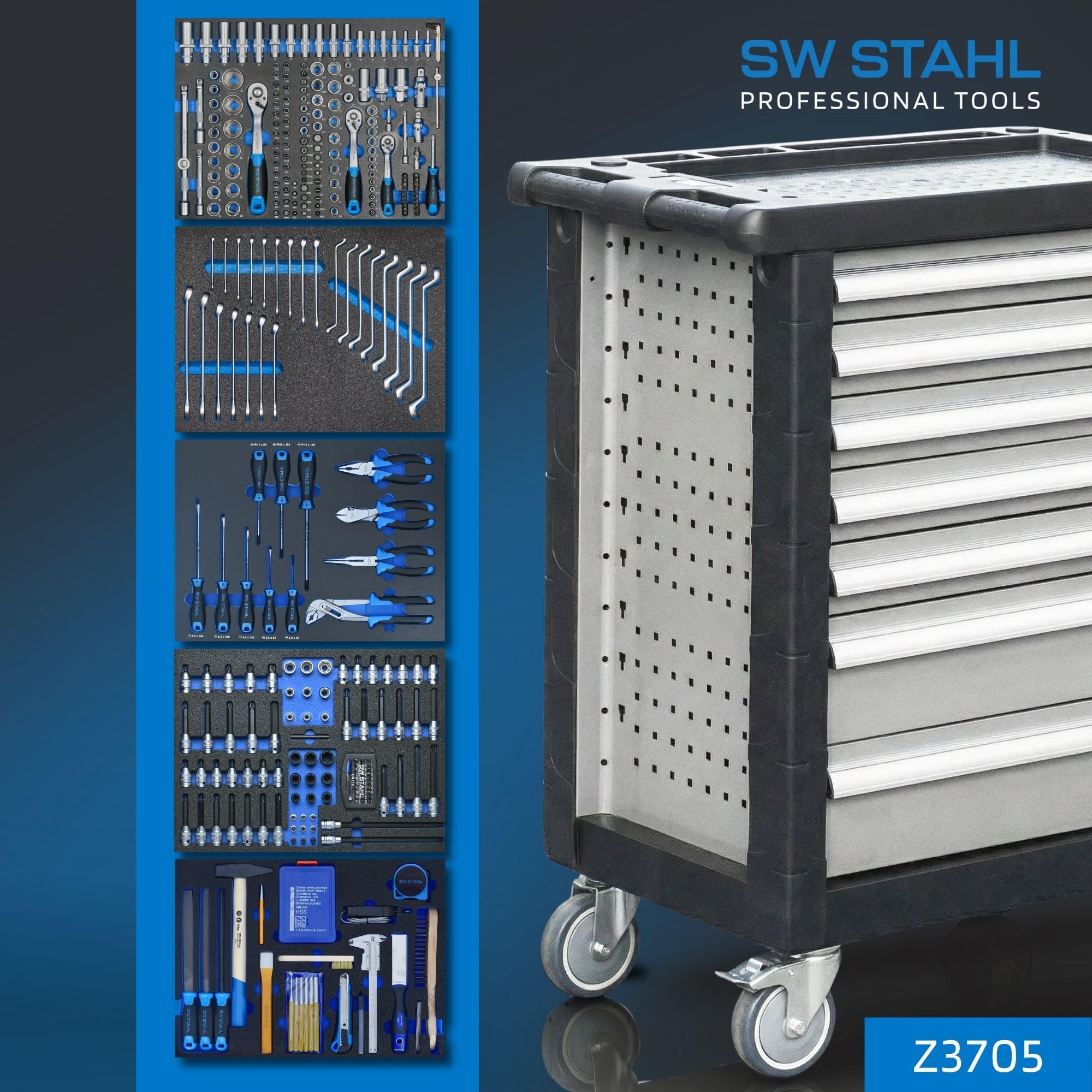 SW-Stahl Z3705 Carro de Taller con 347 Herramientas y 7 Cajones | Incluye 5 módulos equipados con 347 piezas, protección de cantos, cierre rápido y organizadores para taller mecánico.
