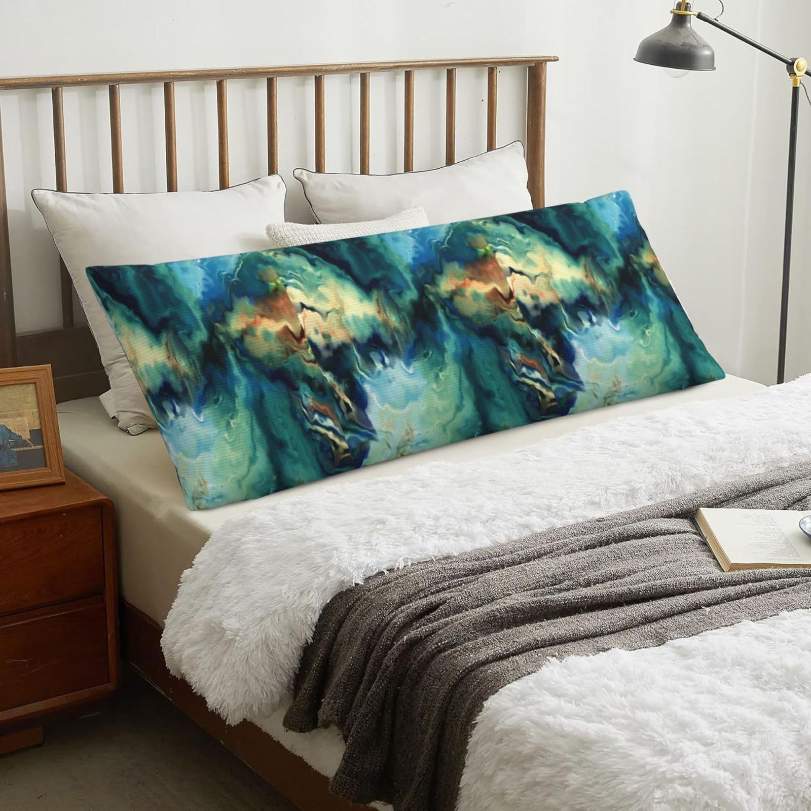 Abstract Marbled Ocean Navy Blue Teal Green, Body Pillow Cover with Zipper,Long Body Pillowcase 20 x 60 in