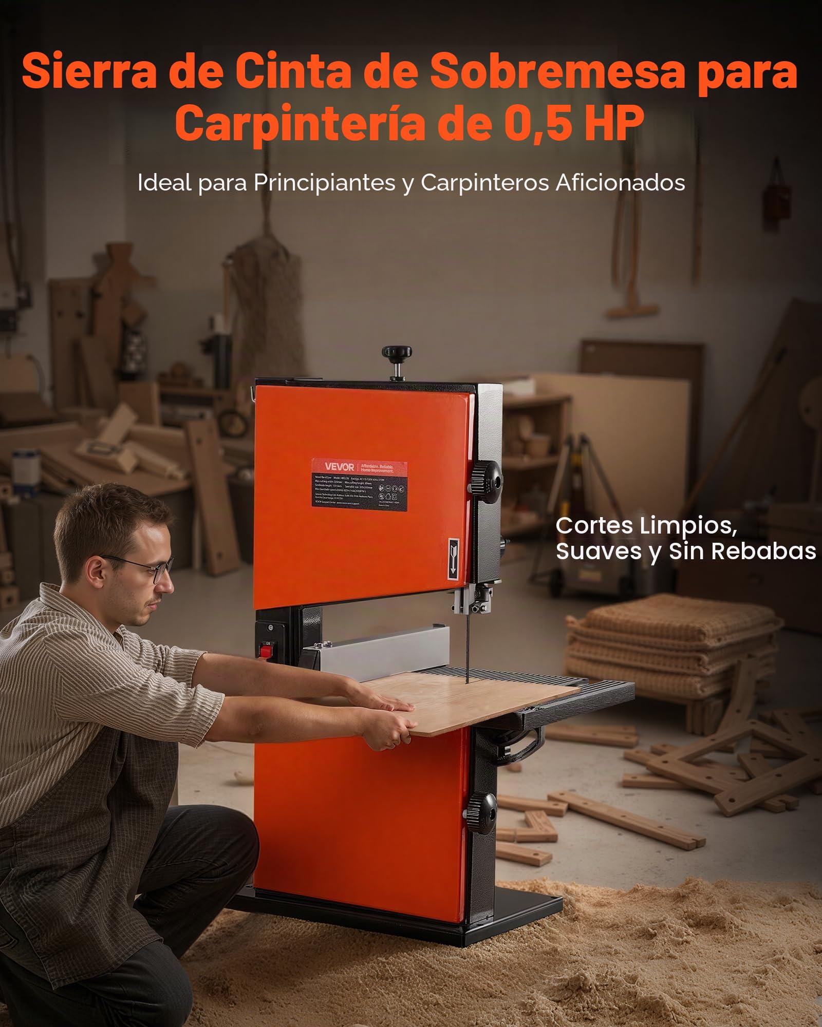 VEVOR Sierra de Cinta para Madera con Motor de 373 W, Altura de Corte de 90 mm, Ancho de Corte de 229 mm, Mesa de Aluminio Fundido de 300 x 300 mm, con Luz de Trabajo de 360°, para Carpintería