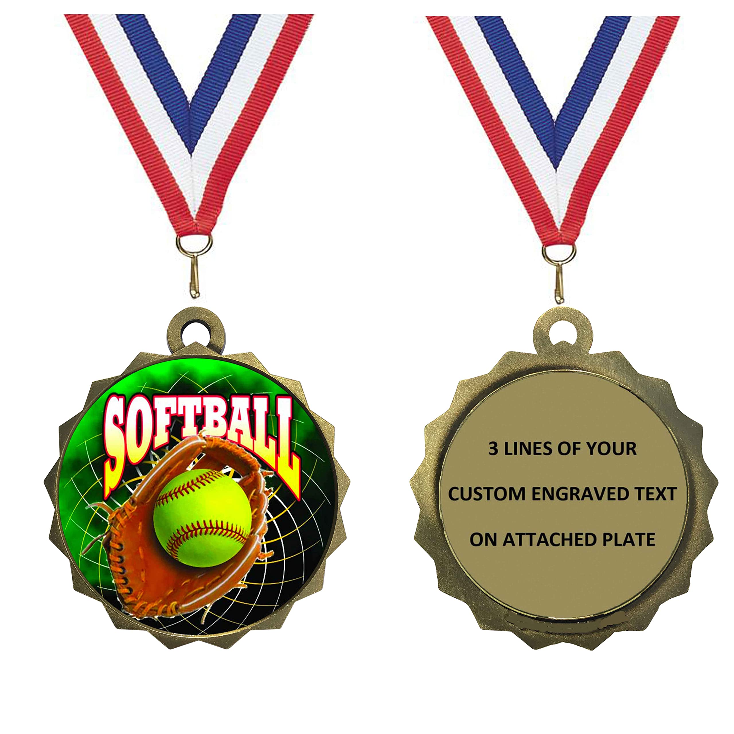 1 to 50 Packs of Engraved Softball Gold Medal Trophy Award with Neck Ribbon & Attached Engraved Plate on Back LAZD214-FCL547