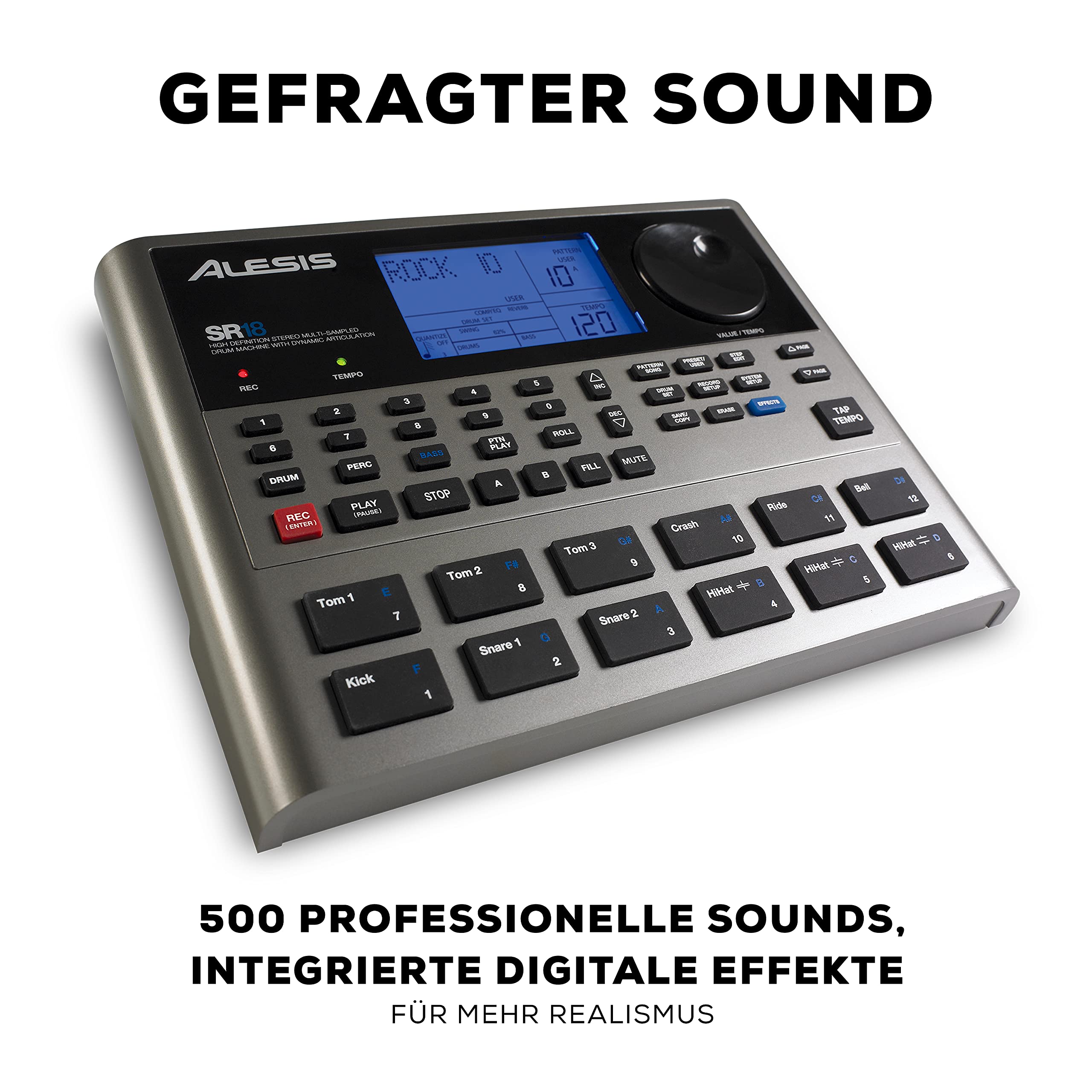Alesis SR18 - Portables Drum Machine mit Effekten, 175 Preset Patterns und 32MB Samplespeicher mit Percussion Bank und Bass Synth