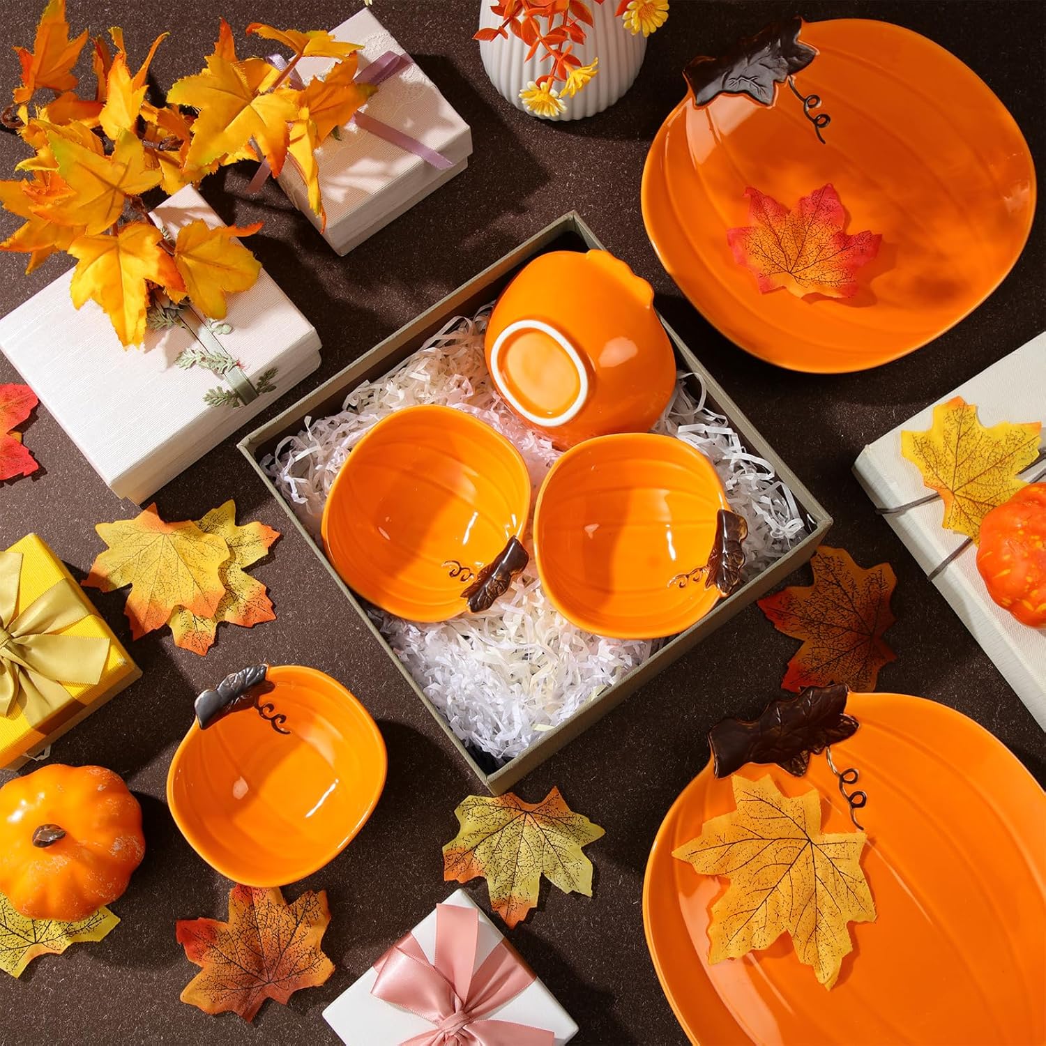 Maxcheck 8 Pcs Pumpkin Shaped Plates and Ceramic Pumpkin Bowls Kit Pumpkin Dinnerware for Thanksgiving Halloween Indoor Fall Table Decor(Orange)
