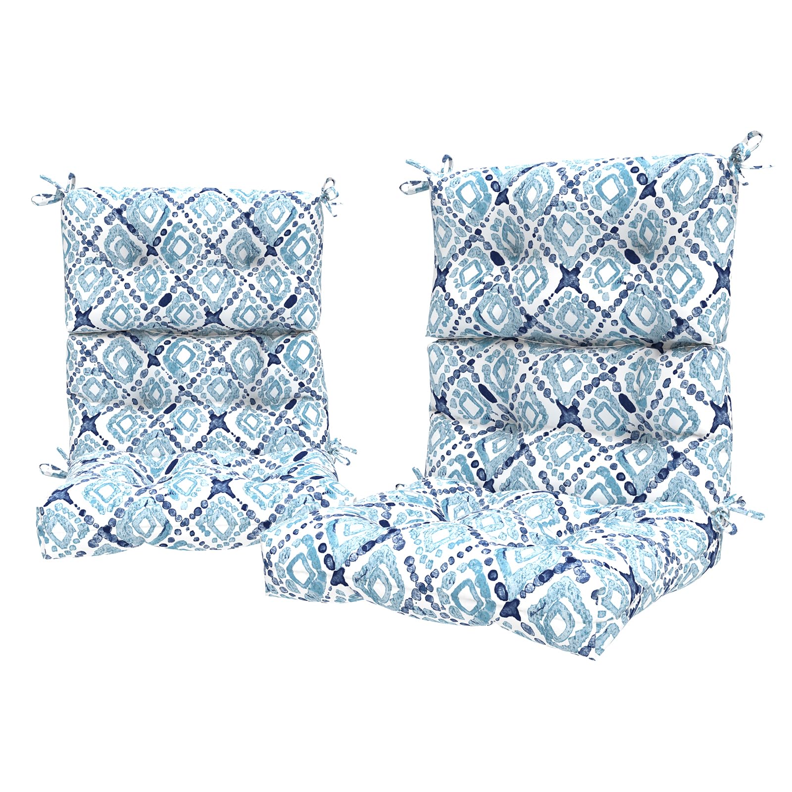 LVTXIII Outdoor Tufted High Back Cushions Set of 2 Patio Seasonal Replacement Rocking Chair Cushion with Ties, Solid Seat and Back Chair Cushion, (44” L x 22W”, Boho Geometry Blue)