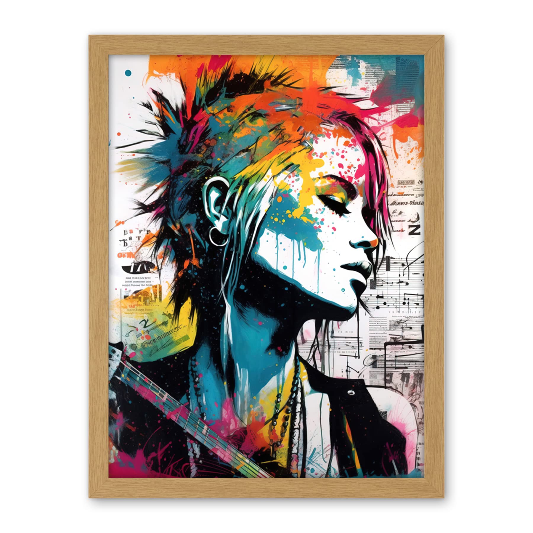Artery8 Emo Woman Electric Guitar Sheet Music Upcycle Art Splatter Paint Modern Painting Artwork Framed Wall Art Print 18X24 Inch