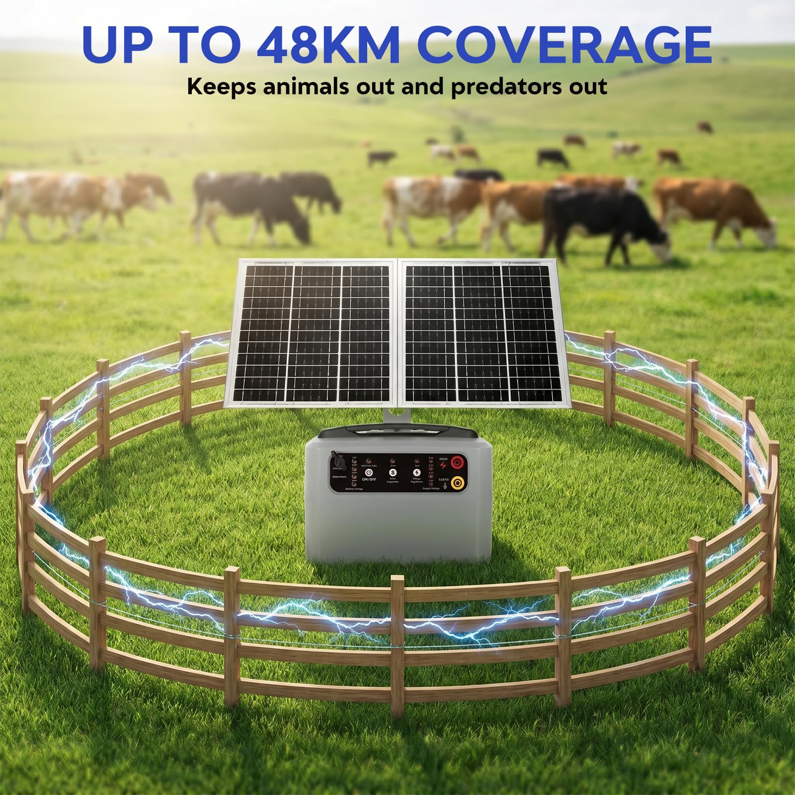 48 KM Pastor Electrico Solar, 0,3 J-1,5 J, 6 KV-12 KV Cerca Eléctrica Controlador con Panel Solar de 15 W, con Batería de Plomo-ácido Integrada de 12 V y 7 Ah, Apto para Ganado Ganado, Vacas(Gris)