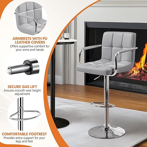 Miniatura 5 de Yaheetech Bart Stools Set of 4, PU Leather Adjustable Barstools with Armrest, Counter Height Stool Chairs with Thickened Seat Cushion for Kitchen