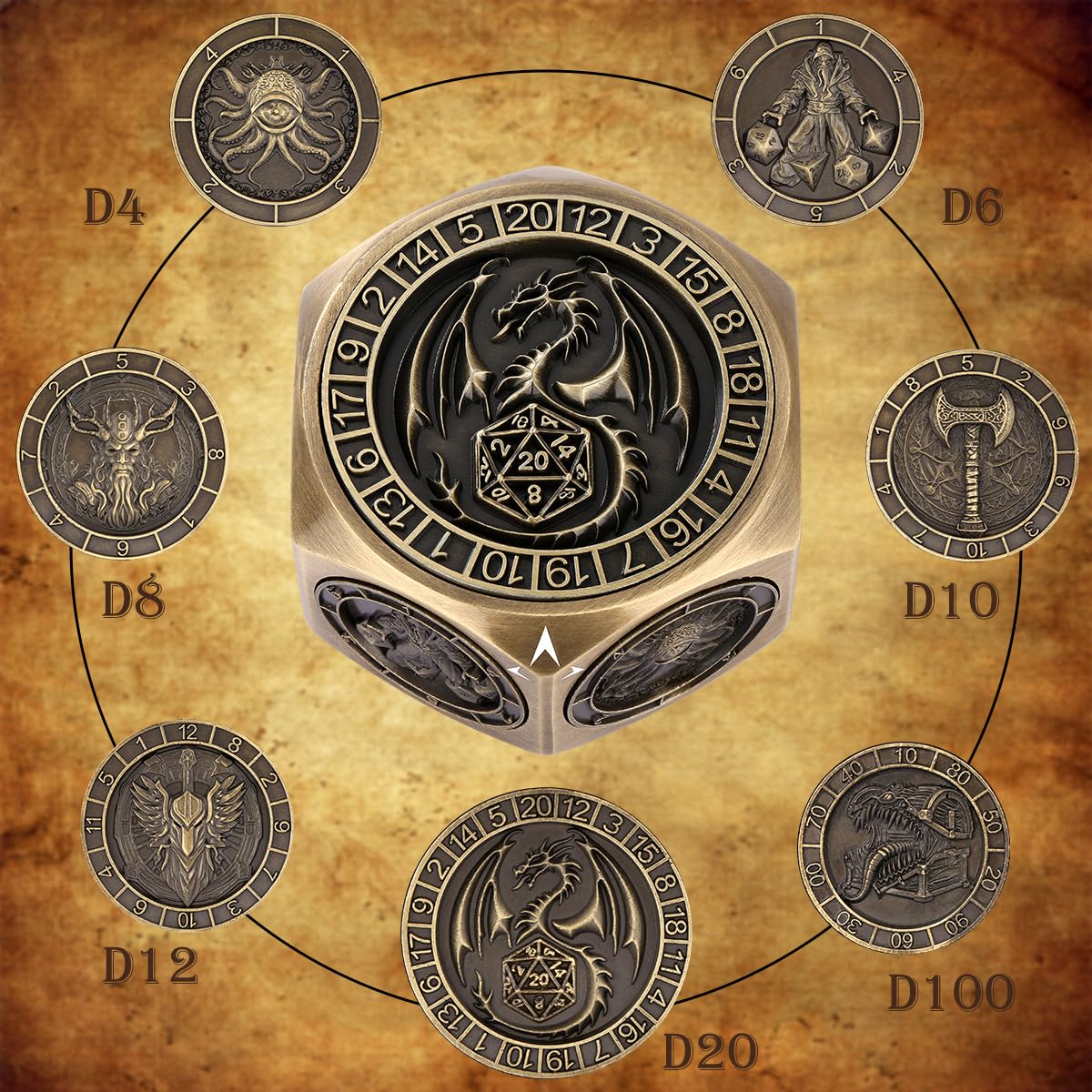 Set de Dés Rotatifs DND, 7-en-1 Métal Dés Spinner, Design Relief 3D Hexagone-8 Côtés, Dés Polyédriques Rotatifs pour Jeux de Rôle, Cadeaux D&D avec Boîte Cadeau, Accessoires de Jeux de Société, Bronze