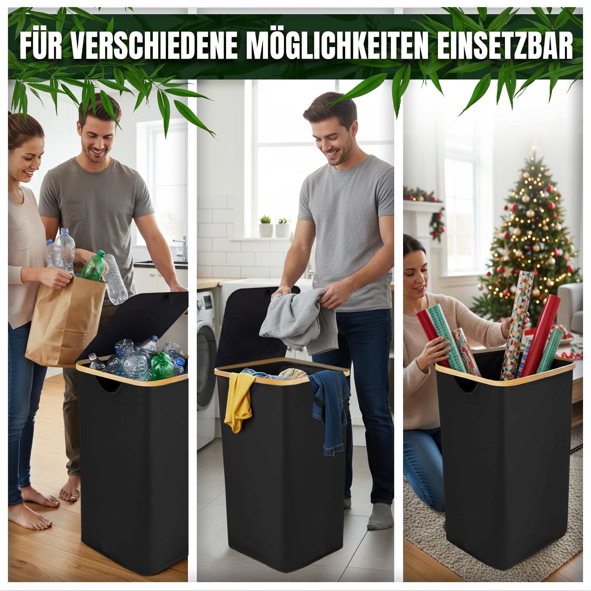 Wäschekorb mit Deckel 100l, Wäschesammler, Wäschebox, Wäschetonne, hoher Wäschekorb mit Bambusrahmen, Aufbewahrungsbox für Spielzeug, Handtücher, Geschenkpapier, laundry box, Pfandflaschensammler