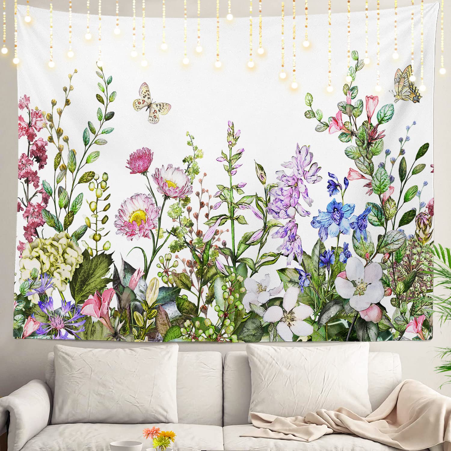 Shrahala White Wild Flowers Wall Tapestry, Pink Wallpaper Botanic Wall Hanging Large Tapestry Decoration Polyester Fiber White Hem Around for Dorm Room Bedroom 59.1 x 82.7 in