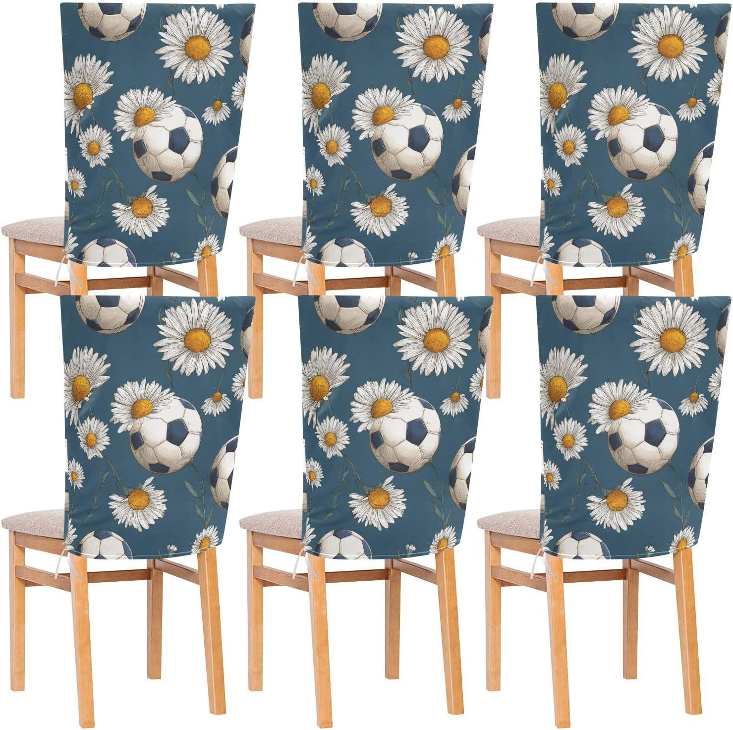 ALAZA Vintage Soccer Balls Daisy Flowers Chair Back Cover Set of 6, Washable Reusable Removable Chair Slipcovers Decorative Chair Cover for Home Kitchen Wedding Party