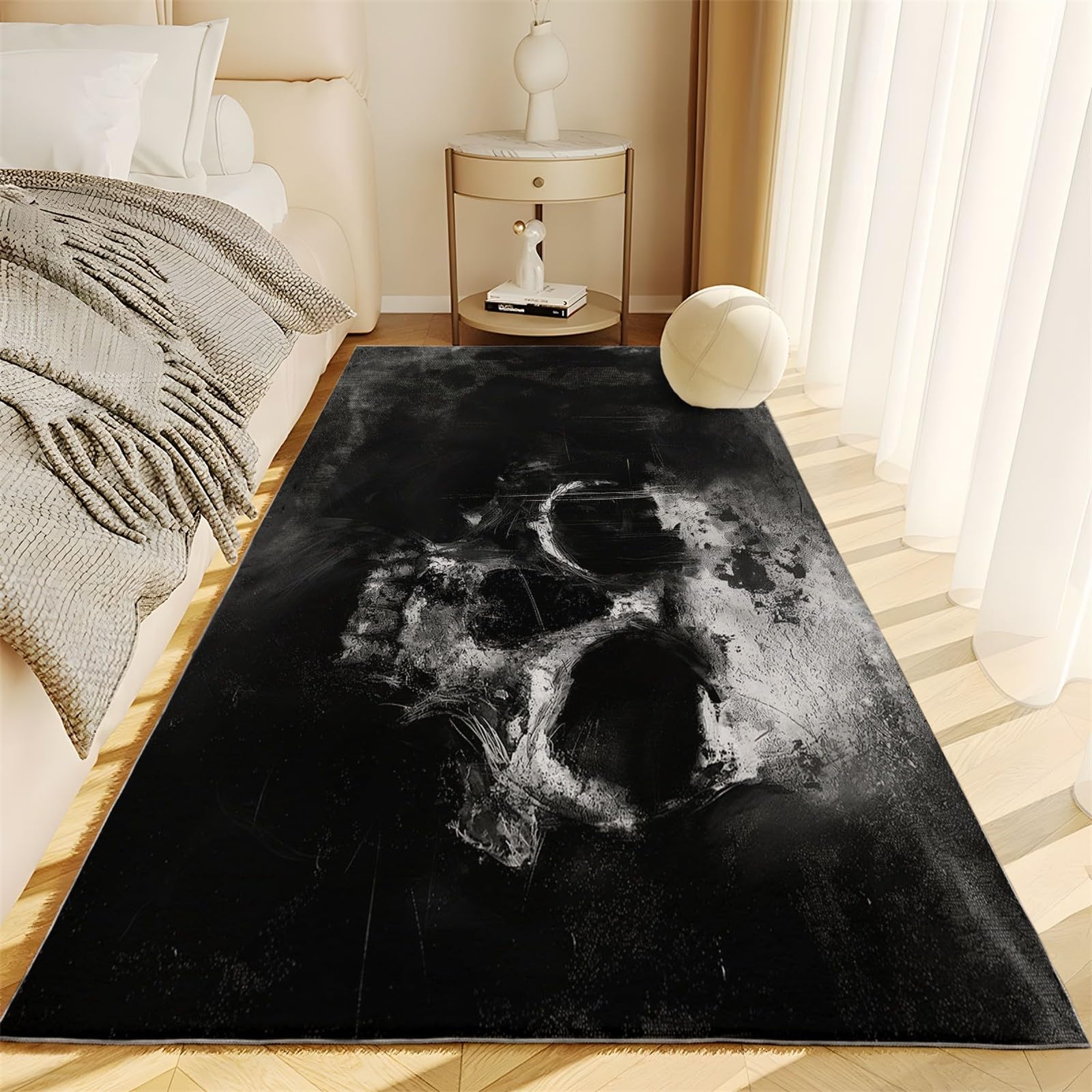 Generic Teppich 80x150 cm, Schwarz, Schädel, Totenkopf Im Dark-Fantasy-Stil, Rutschfest, Flanell, Wohnzimmer