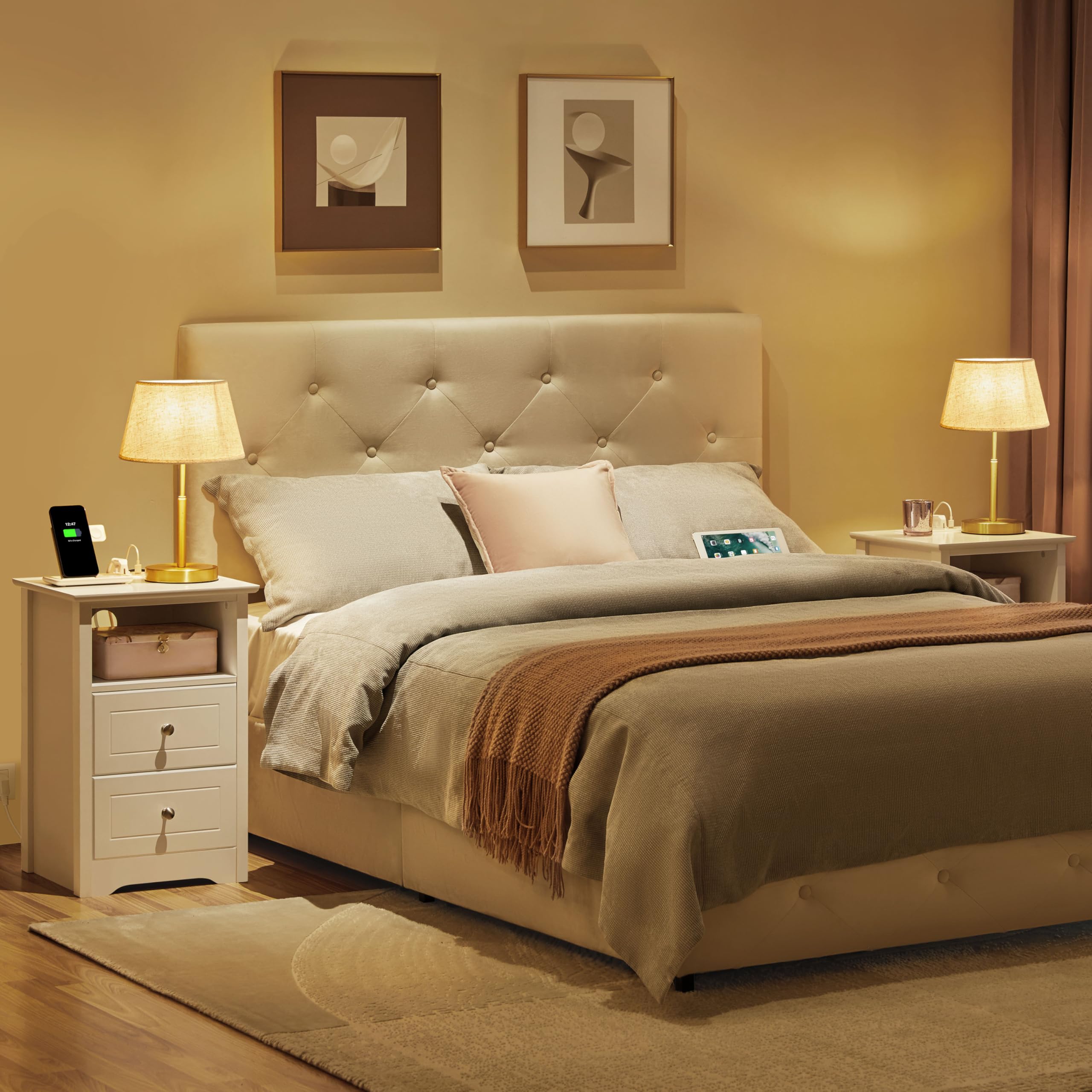 Yaheetech Comodino Camera da Letto con Stazione di Ricarica 2 Porte USB e 2 Prese AC Comodino Smart con 2 Cassetti e Scomparto Tavolino Laterale da Divano per Soggiorno (2)
