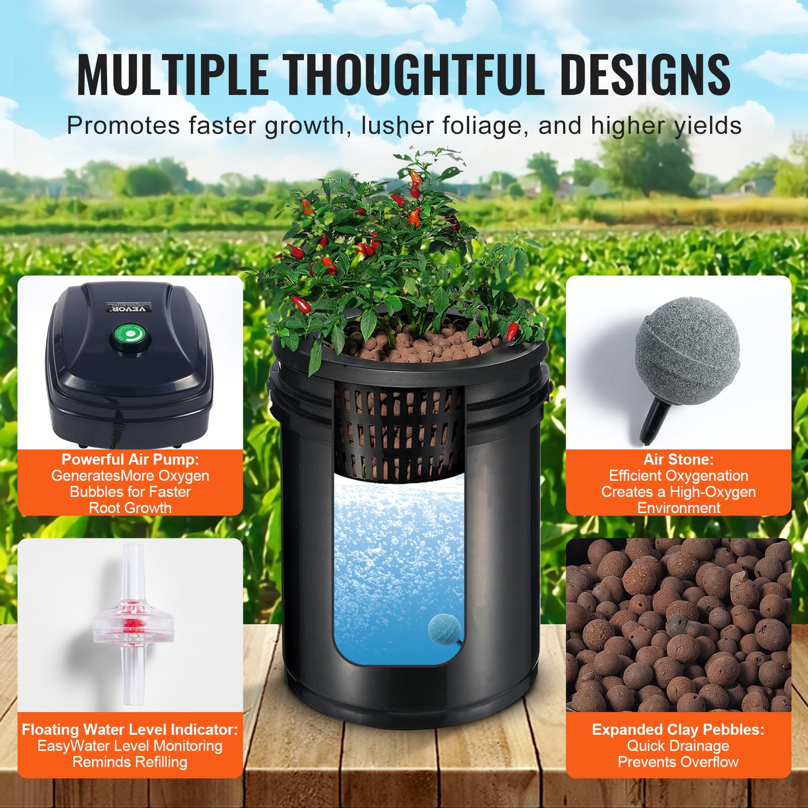 RDWC Hydroponic Growing System, Hydroponic Grow Kit met Top Drip, Recirculerende Diepwatercultuur, 4 Gespen en 1 Reservoir, met Luchtpomp en Waterniveau-indicator voor Bladgroenten | NL