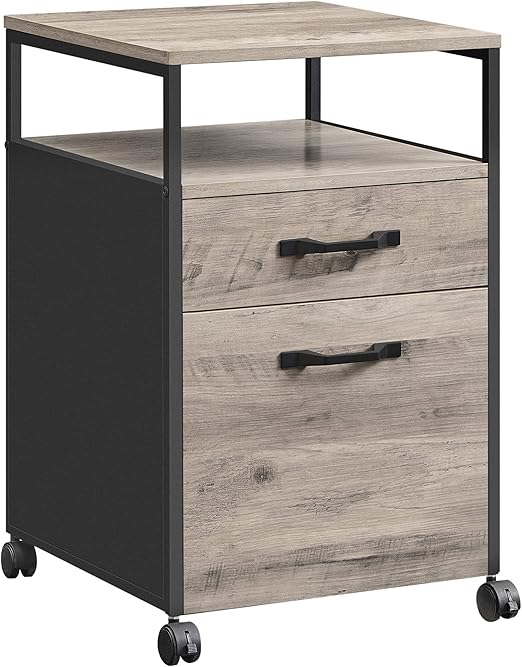 VASAGLE File Cabinet, Mobile Filing Cabinet with Wheels, 2 Drawers, Open Shelf, for A4, Letter Size, Hanging File Folders, Heather Greige and Ink Black UOFC071B02