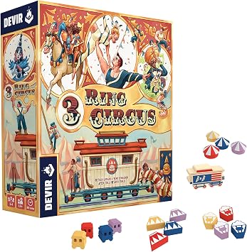 Devir - 3 Ring Circus Board Game, Eurogame Strategy Game of Circus Management, Route Building & Artist Hiring for Teens and Adults, Ages 12+, 14 Players, 80 Playtime, Multi-Language