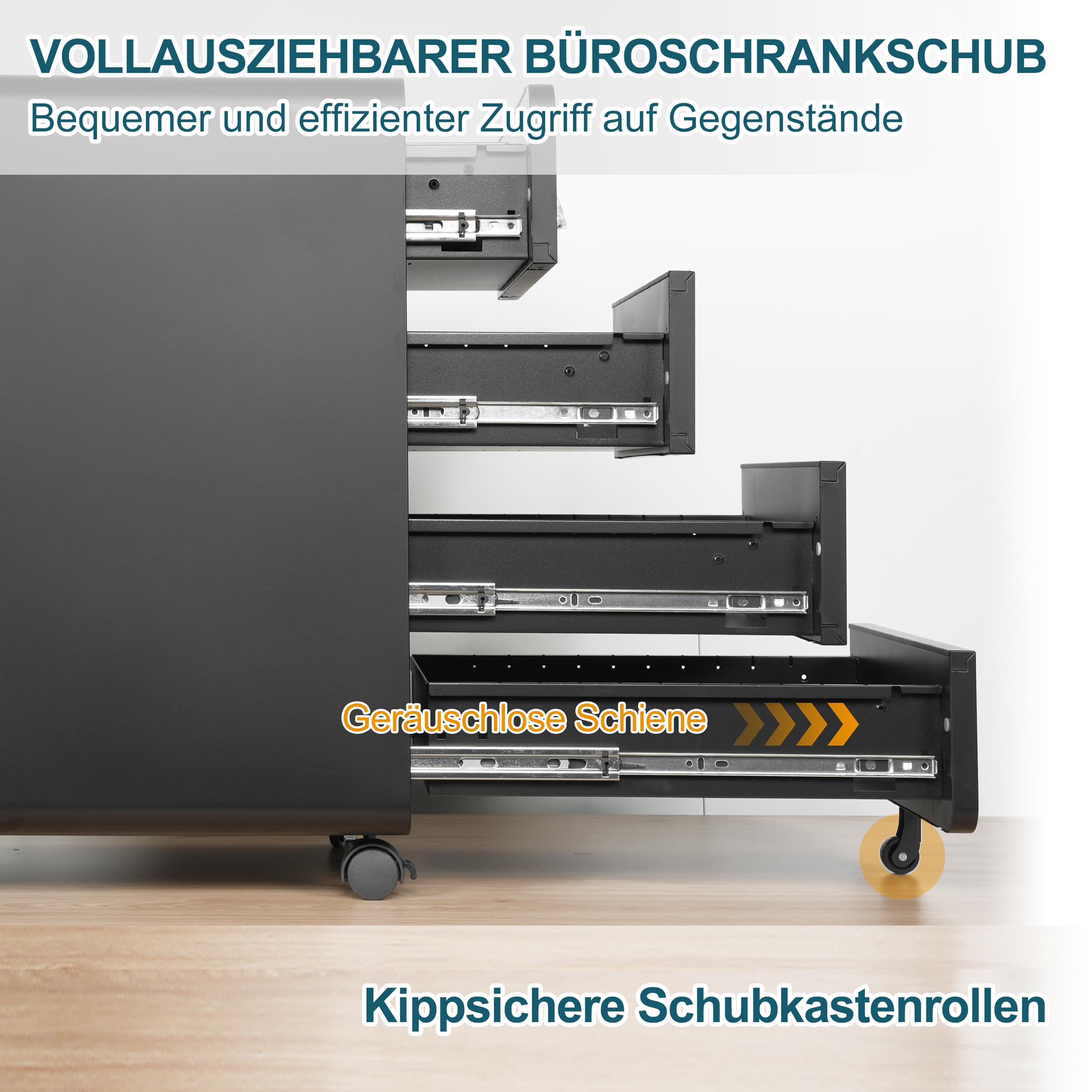 Rollcontainer mit 4 Schubladen, Aktenschrank, Abgerundetes Eckendesign, Abschließbar, 4 Schlüsseln, Schubladenschrank für Büro und Home Office, Schwarz
