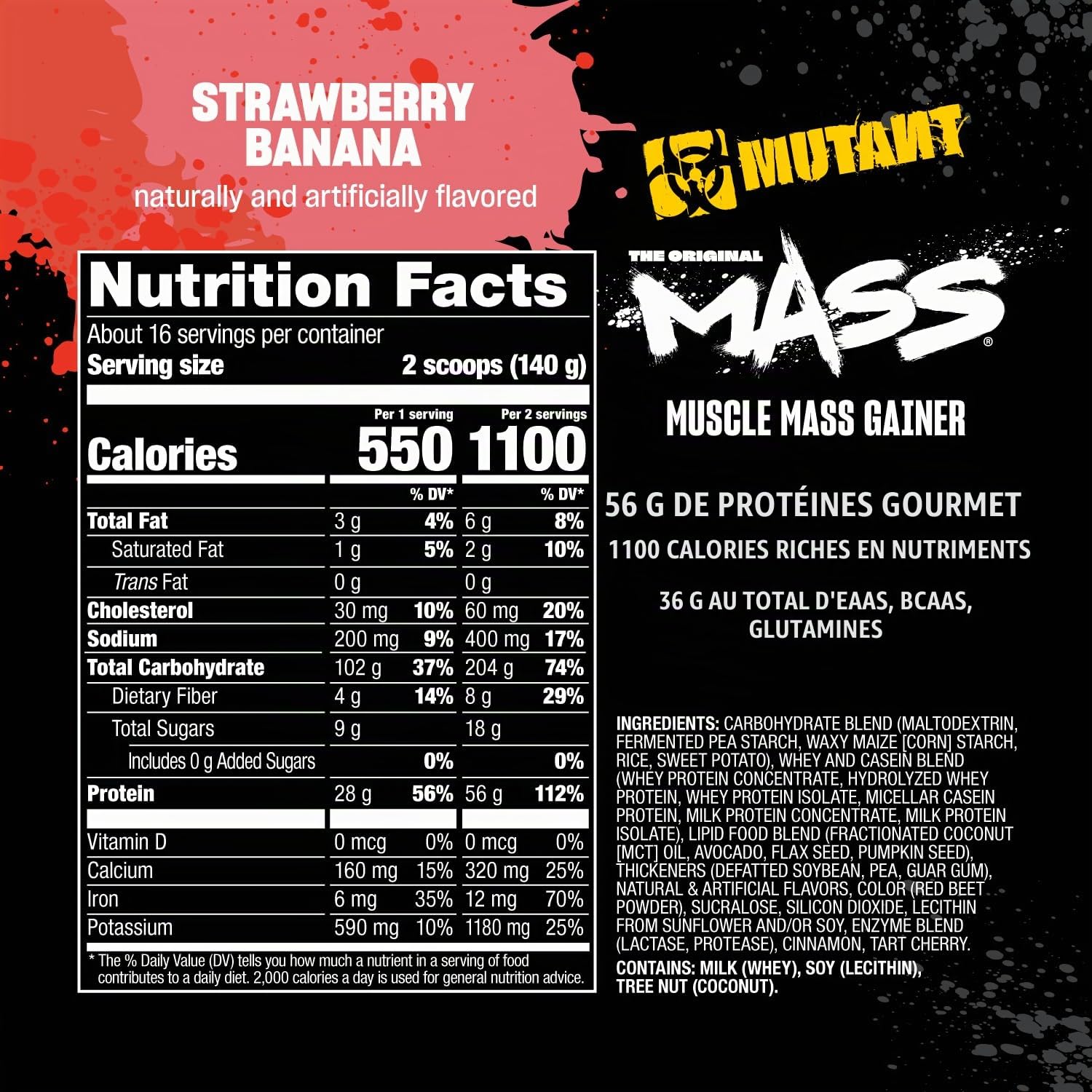 MUTANT Mass | Muscle Mass Gainer | 1100 Calories, 56g Protein, Whole Food Carbs, BCAAs, and Glutamine | Ultimate Hardcore Weight Gainer Shake | (2270g) | (Strawberry Banana)