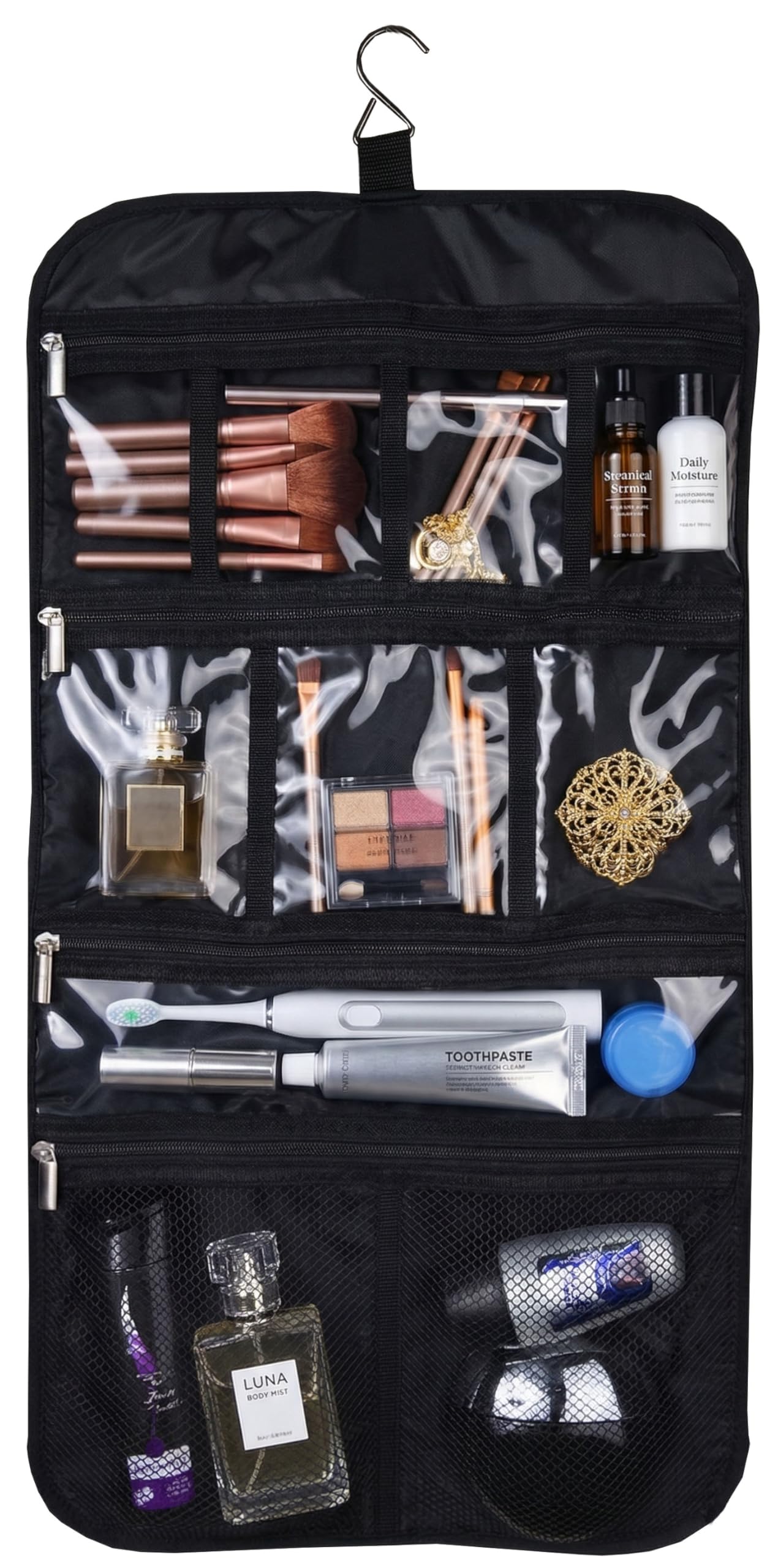 Freegrace Bolsa de Viaje para artículos de Aseo Personal, para Colgar cosméticos, Joyas, artículos de tocador y Accesorios, tamaño Grande, Varios Compartimentos, Negro -