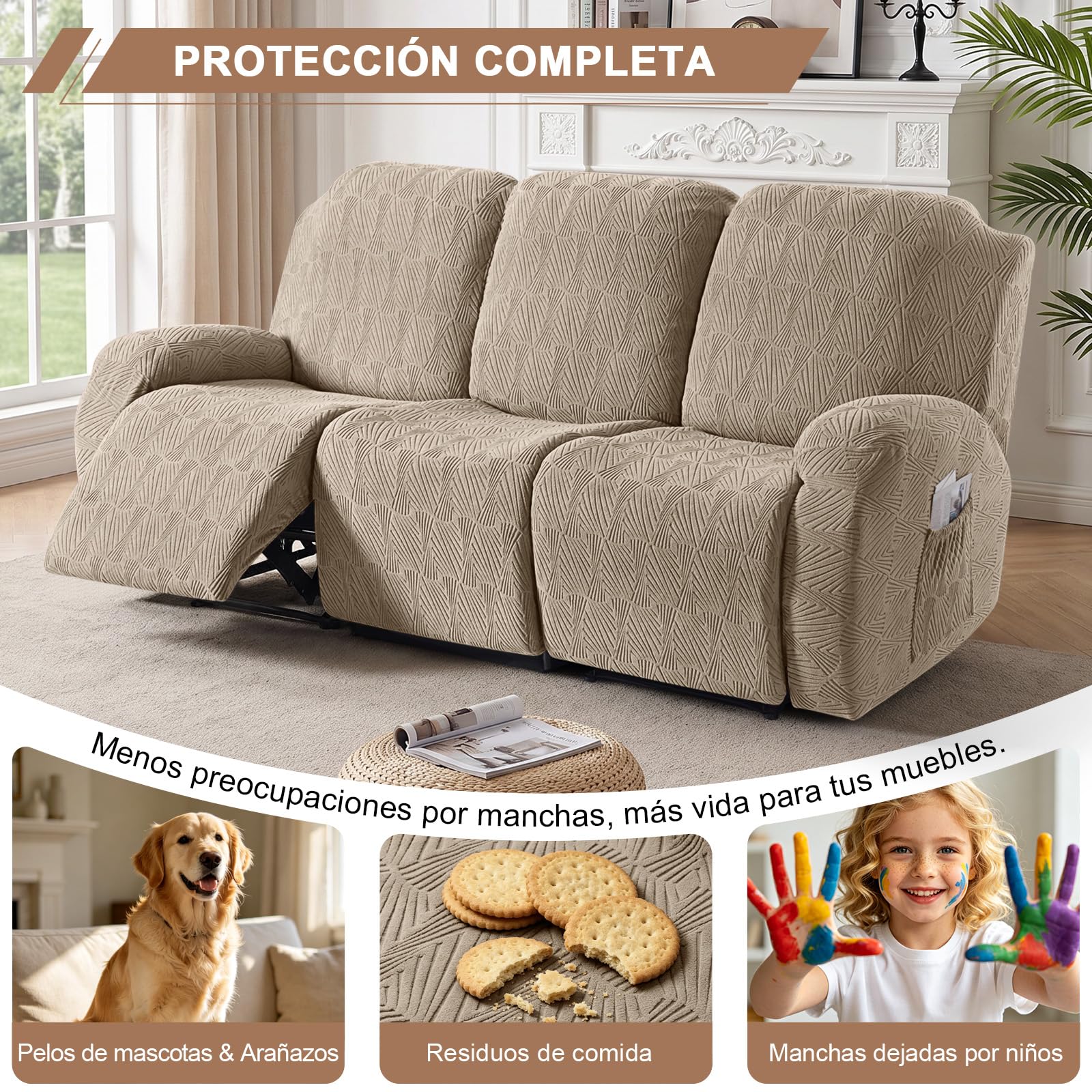 TAOCOCO Funda Sillon Relax Reclinable Elástica, Funda Jacquard para Sillón con Bolsillos, Funda de Sofá Resistente a Manchas y arañazos, Adecuada para Gatos, Perros y niños(3 Plazas, Caqui)