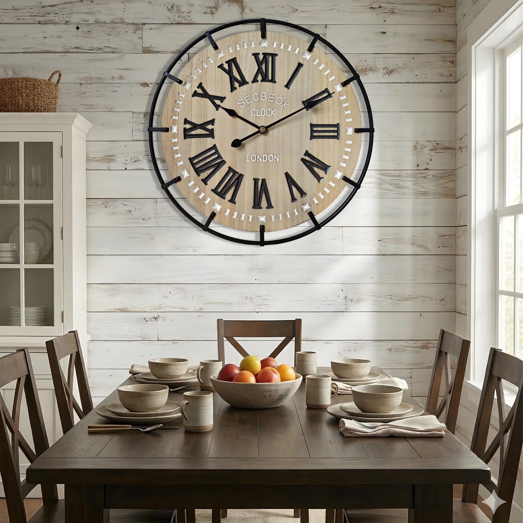 Reloj de pared grande de 24 pulgadas, madera rústica de metal con movimiento de cuarzo silencioso, números romanos fáciles de leer, reloj de pared redondo decorativo alimentado por pilas para