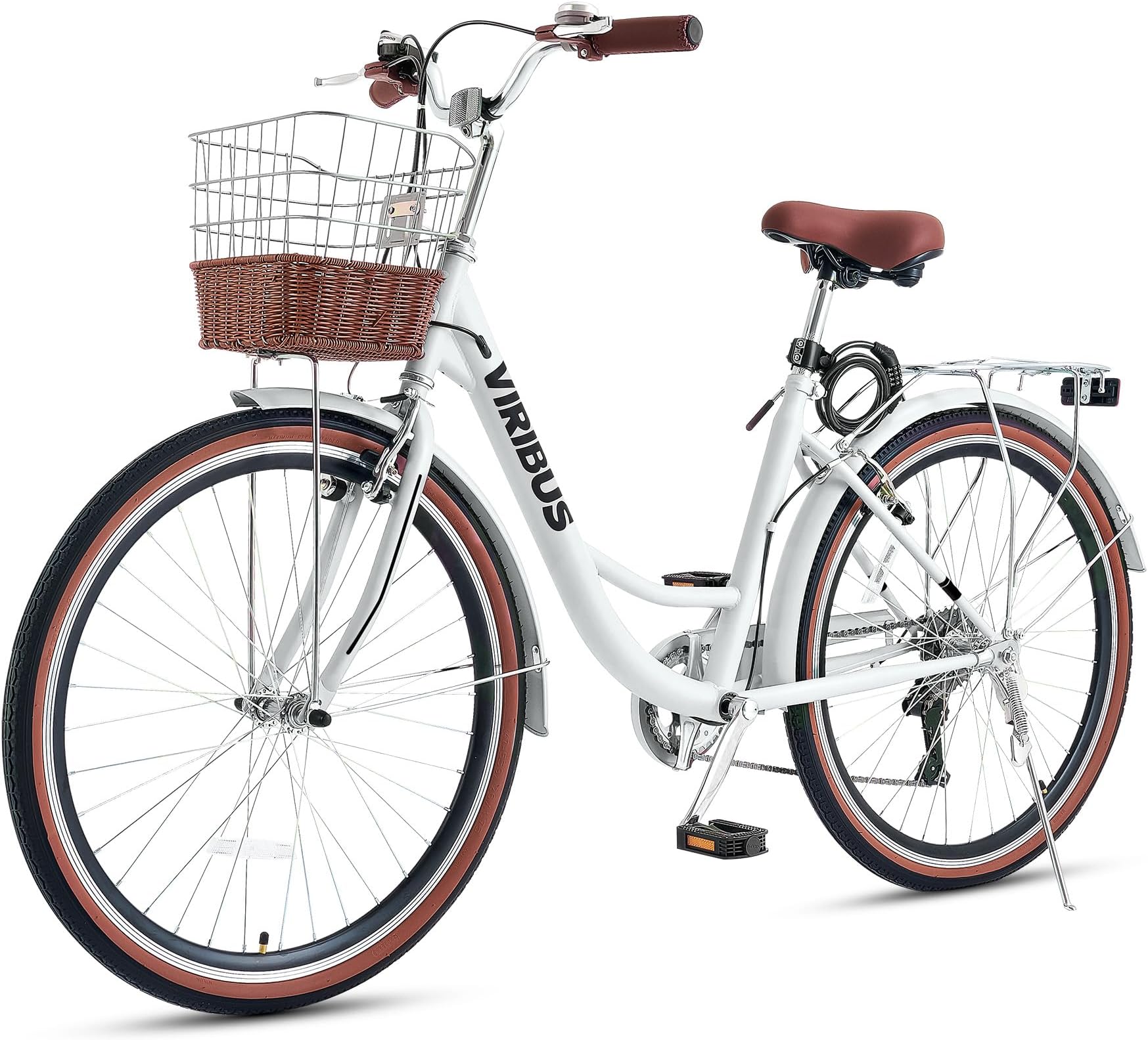Women's Comfort Bike, 61 cm 7 Speed Bicycle for Women, 24 Inch Beach & City Cruiser Bike with Shimano Derailleur Rattan Basket Steel Rack, Step Through Bike for Women Adults Youth