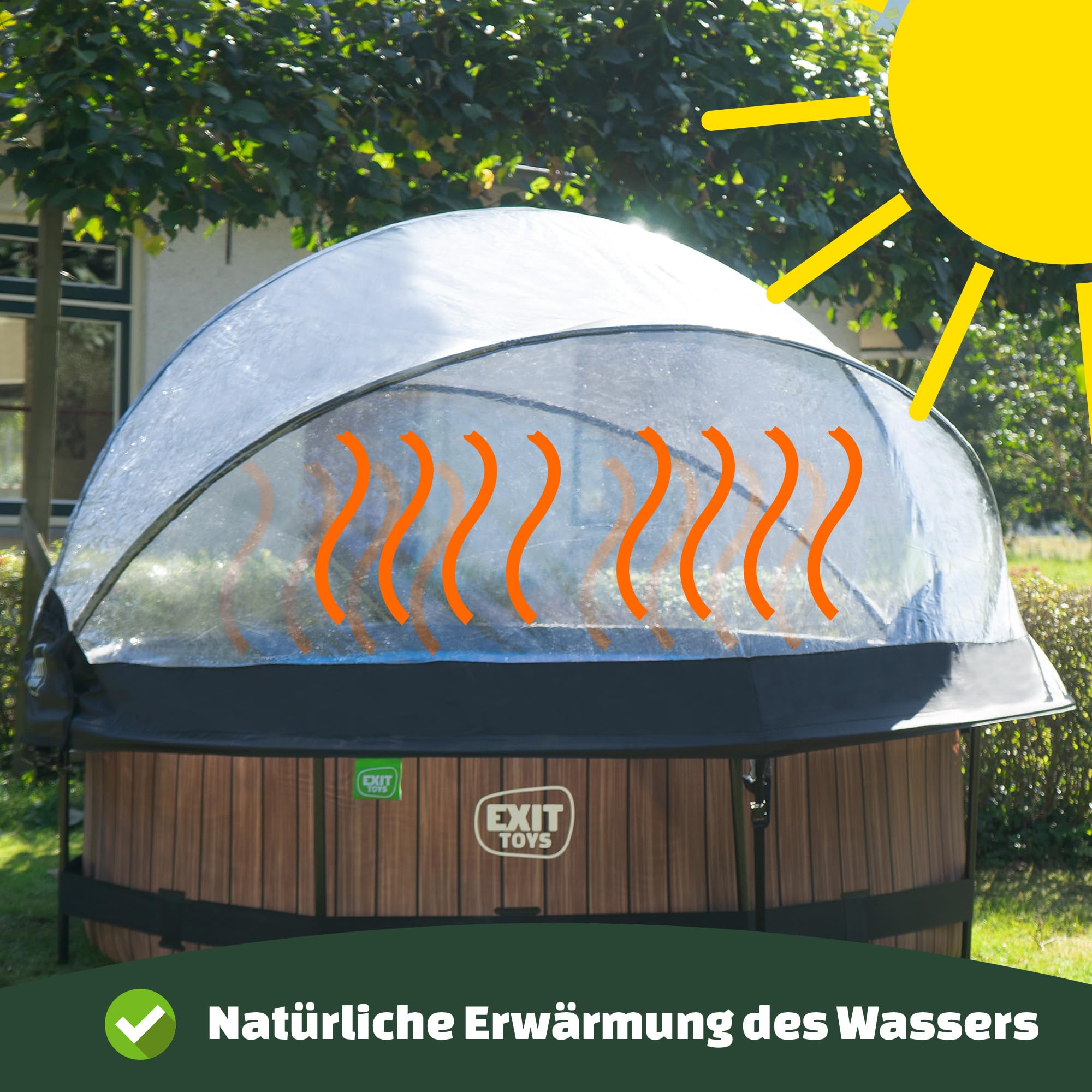 EXIT Toys Aufstellpool Rund ø 300 x 76 cm mit Abdeckplane – Pool mit Dach Für Kinder Geeignet – Filterpumpe, TÜV Geprüft – Wood – Braun