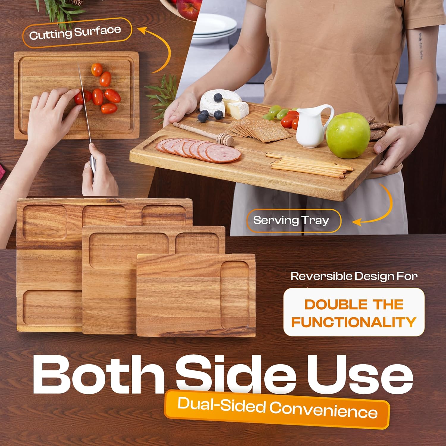 Acacia Wood Cutting Board Set of 3 – 2-in-1 Reversible Butcher Blocks & Serving Trays with Juice Groove, 100% Natural Hardwood, Multi-Size, Gift Box Ready - Image 4