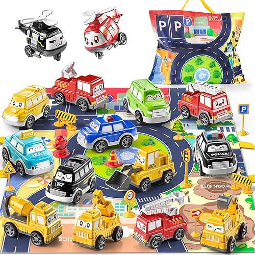TEMI Juguetes para bebés y niños pequeños, 15 piezas de juguete de camión de bebé con tapete de juegobolsa de almacenamiento, juguetes para bebés de